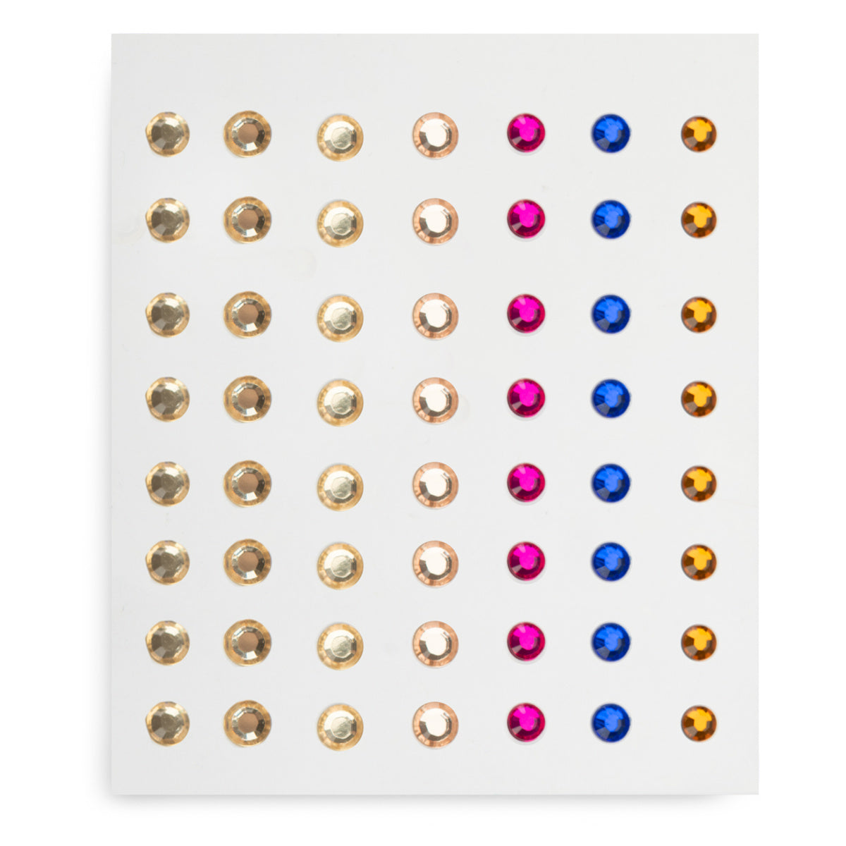 Colorful gem stickers for Les Rosalies mosaic craft kit with pink blue and gold rhinestone embellishments.