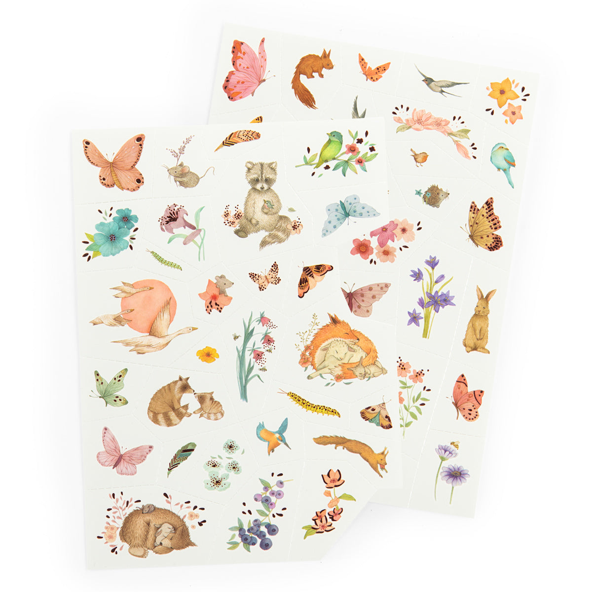 Watercolor temporary tattoos sheet featuring woodland animals, butterflies, and flowers for children.