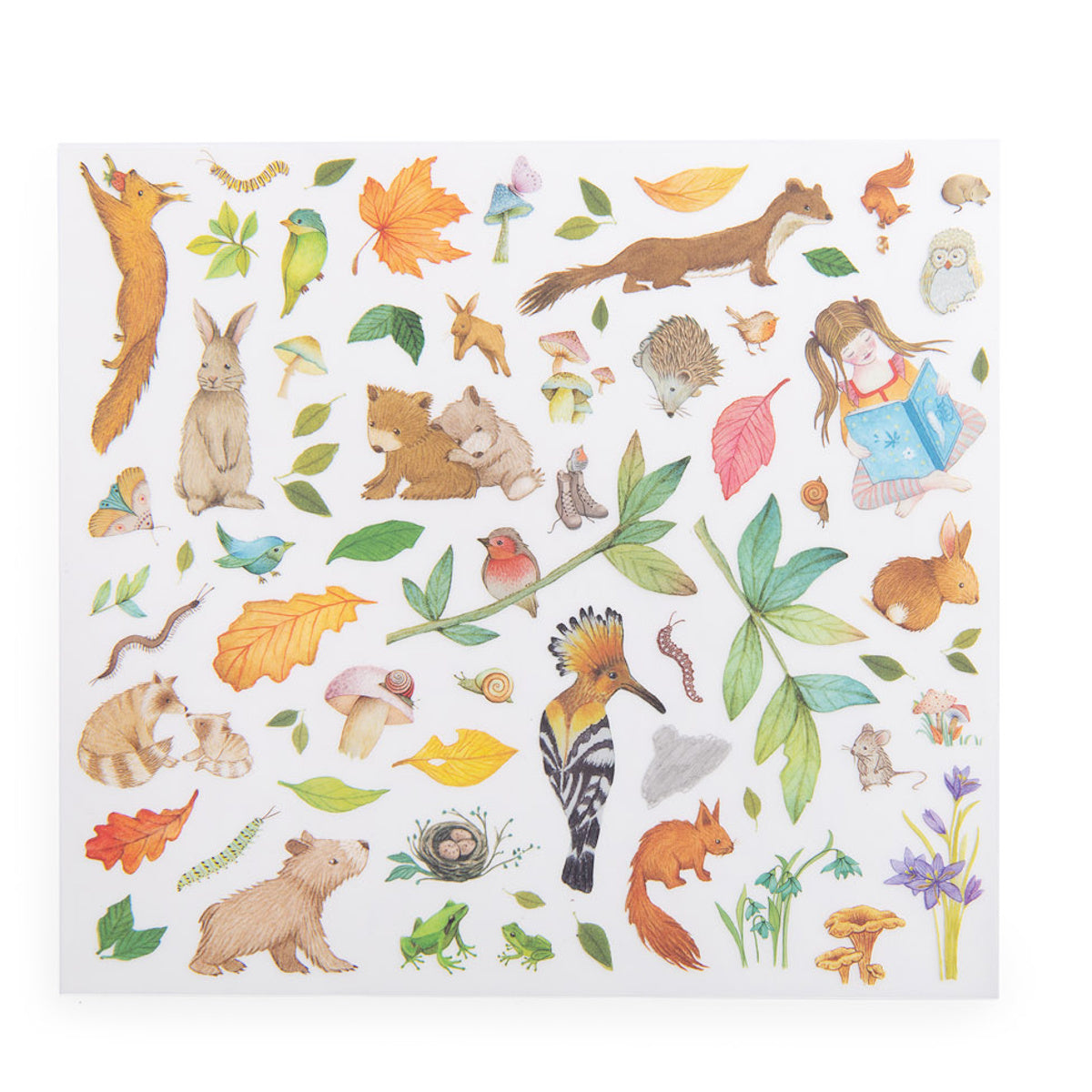 Moulin Roty Les Rosalies decal sheet featuring woodland animals, birds, and forest illustrations.