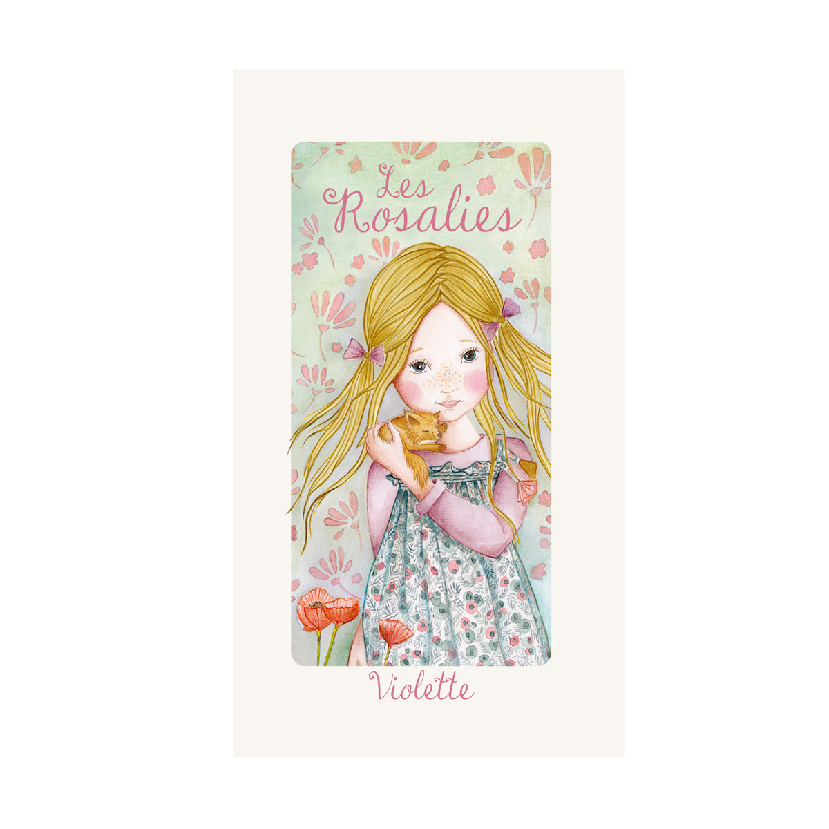 Moulin Roty Les Rosalies Violette rag doll packaging illustration with blonde girl holding kitten and poppies.
