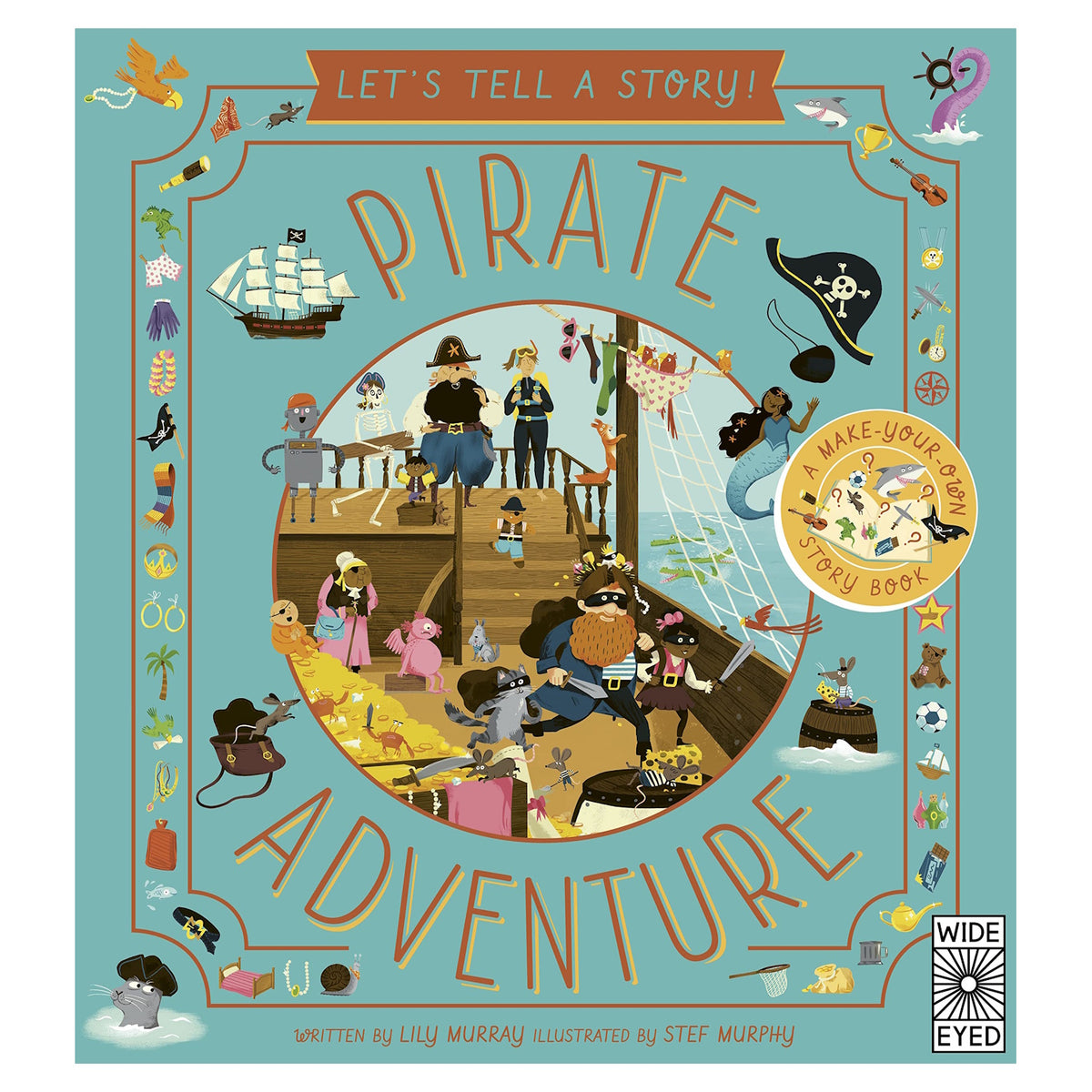 Children's book cover for "Let's Tell a Story! Pirate Adventure" by Lily Murray, featuring a whimsical pirate ship scene.