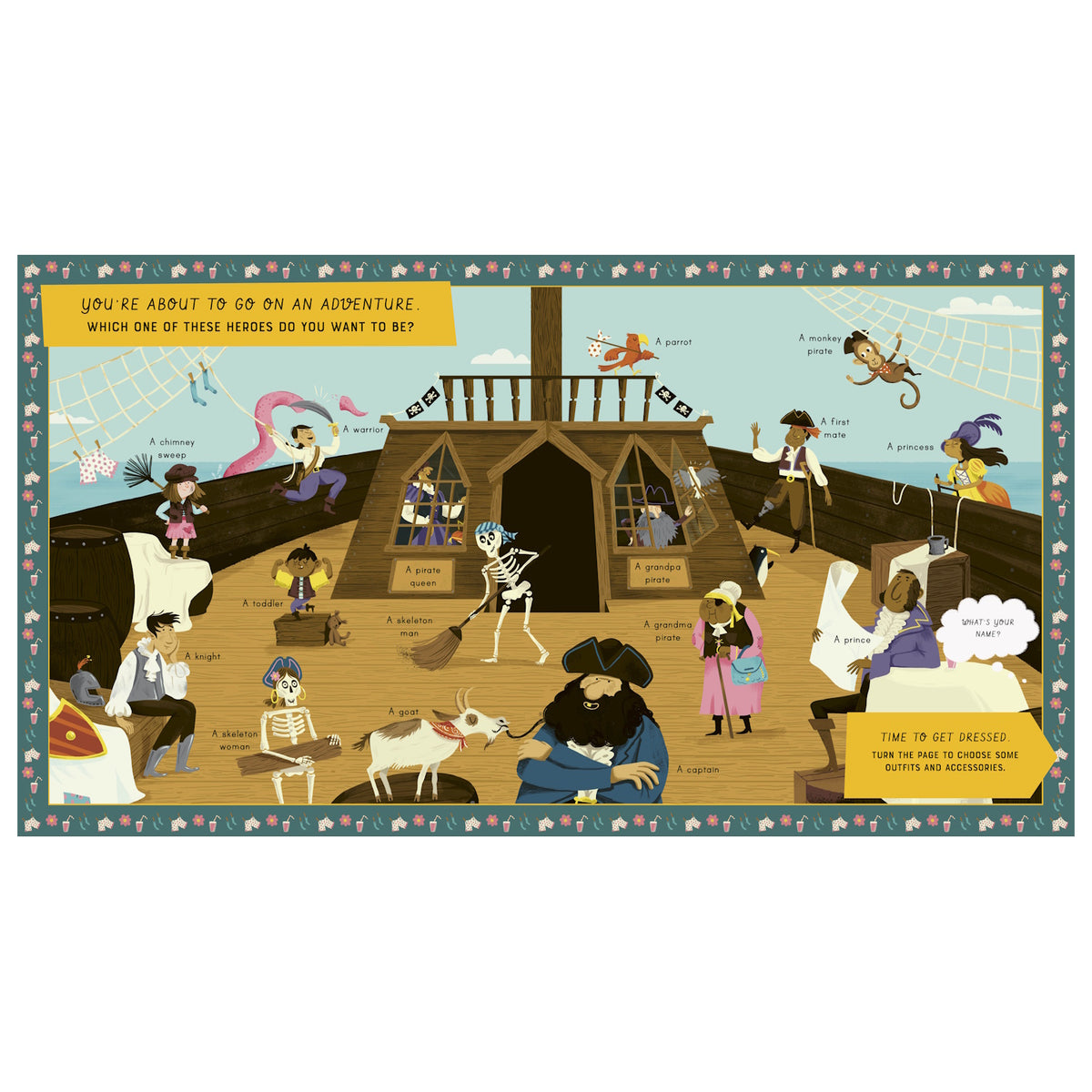 Illustration of various pirate characters on a ship deck, including a skeleton, a monkey, a captain, and a princess.