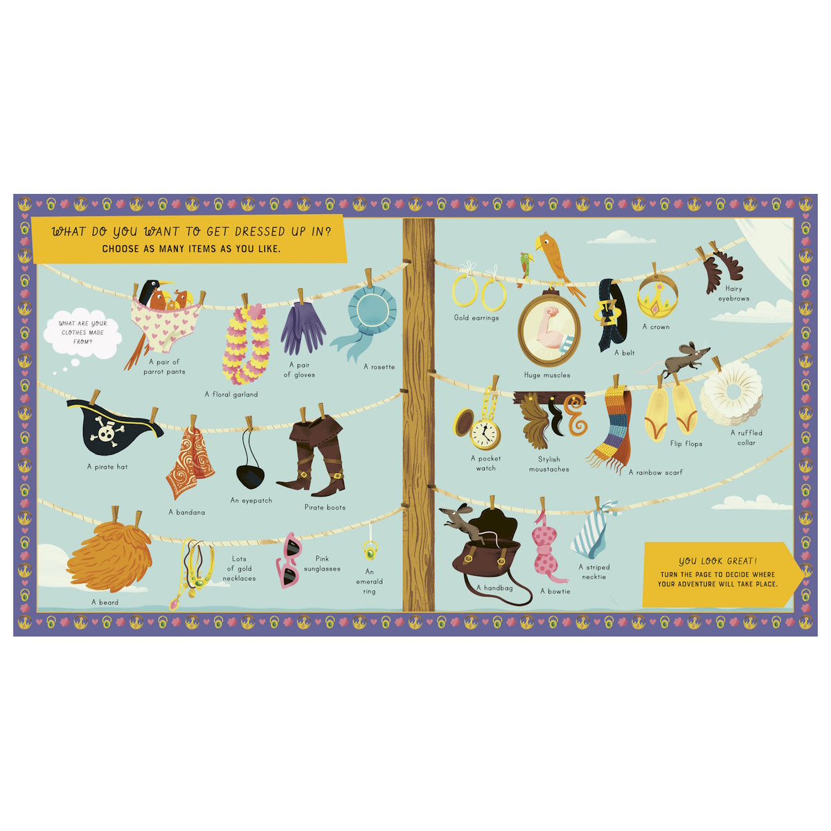 Children's book illustration showing pirate costumes and accessories like hats and boots hanging on clotheslines.