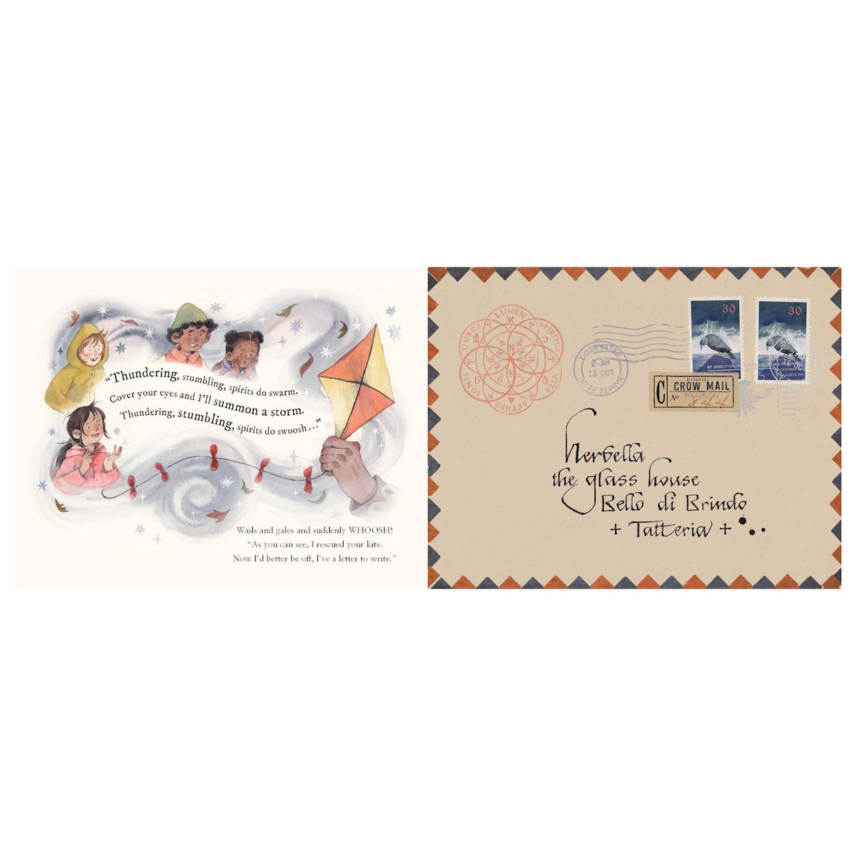 Illustrated book pages featuring children flying a kite alongside a handwritten envelope addressed to Nervella.