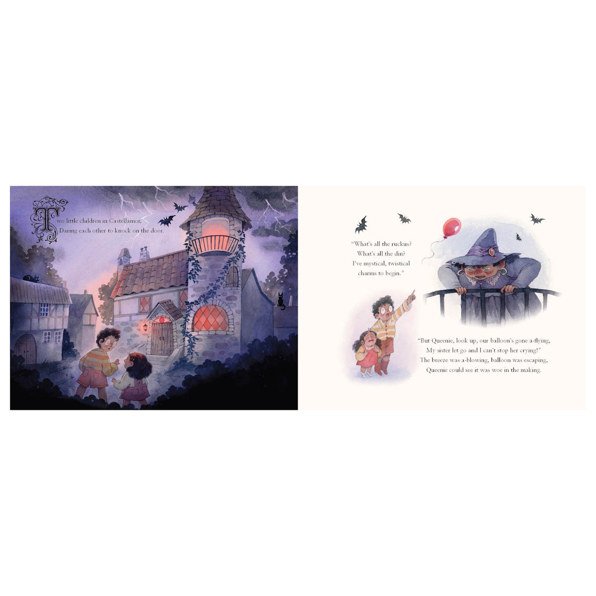 Illustrated book pages depicting two children at a witch's house lost balloon situation.