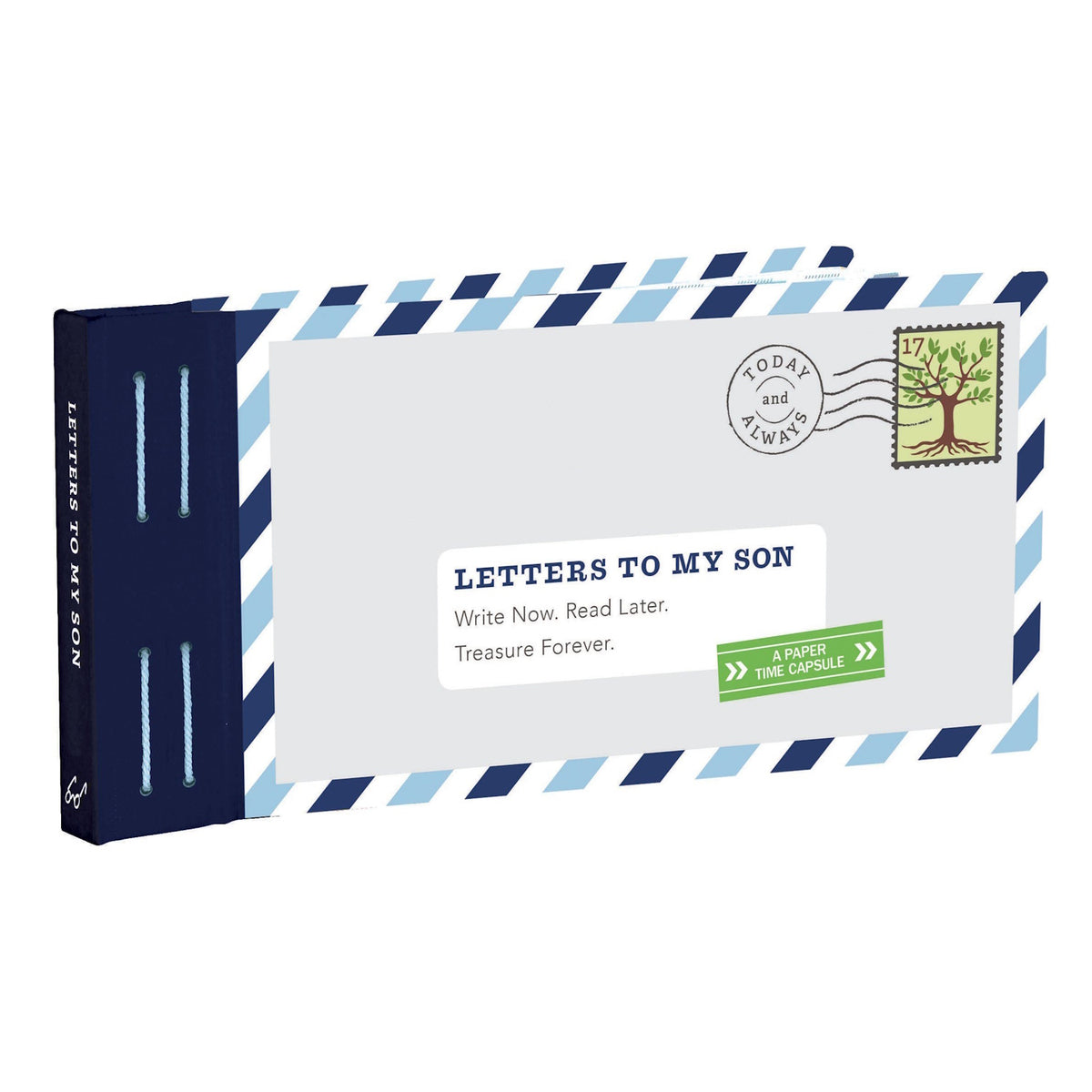 A book titled "Letters to My Son" resembles an airmail envelope with blue stripes. It includes a stamp featuring a tree and postmark reading "Today and Always."