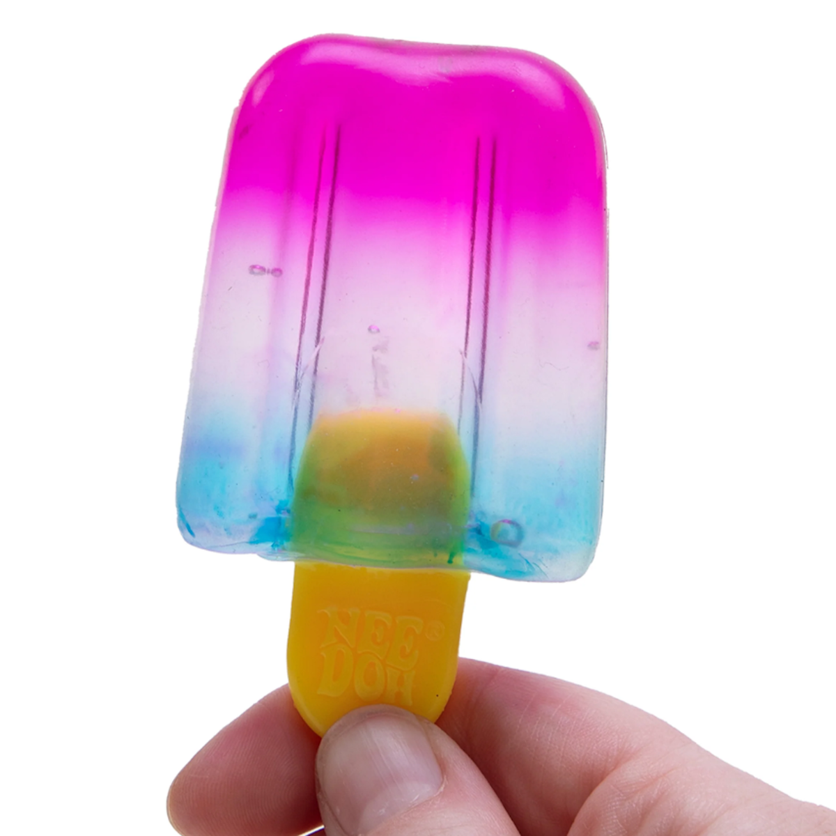 Hand holding a pink and blue gradient NeeDoh Nice-Icle popsicle-shaped squishy fidget toy on a yellow handle.