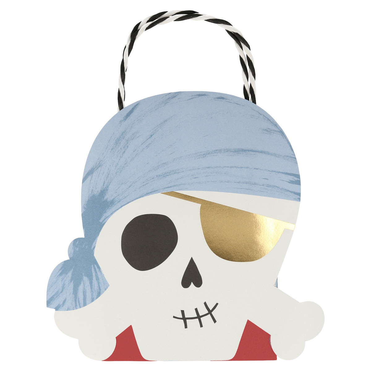 Pirate skull party bag with light blue bandana, gold eye patch, and black and white twine handle for kids' birthday celebrations.