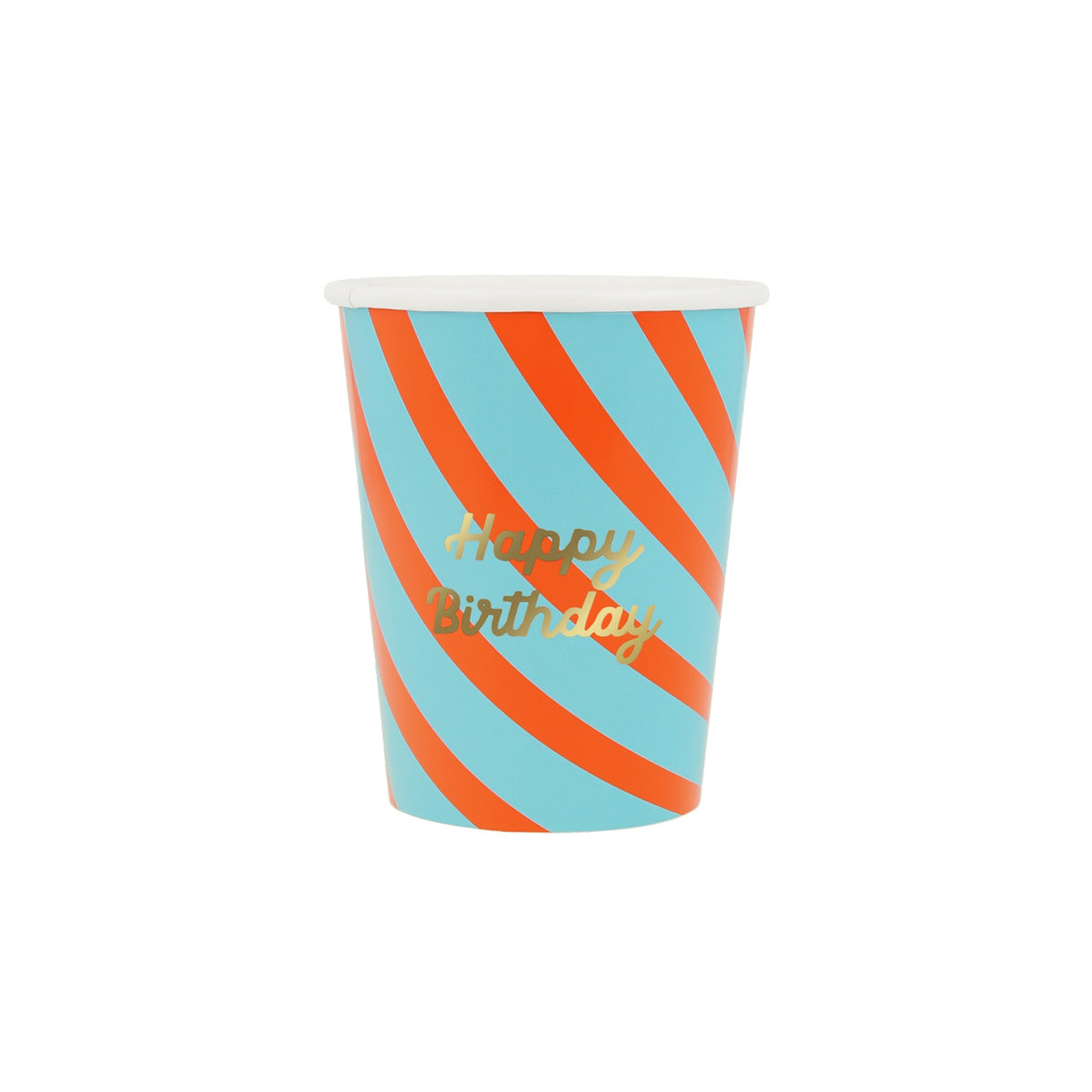 Blue and orange striped paper cup with "Happy Birthday" written in gold script font.