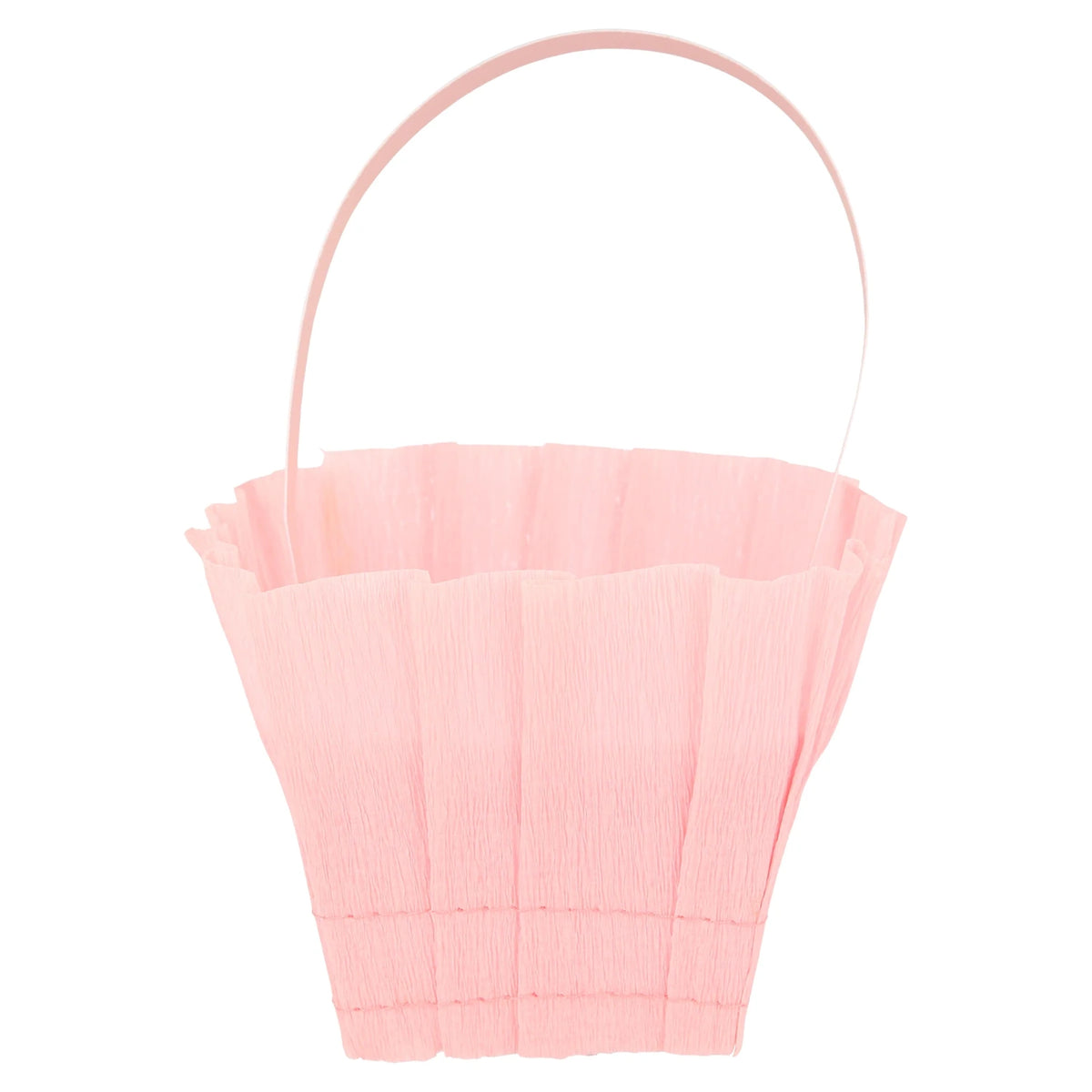 Light pink crepe paper Easter basket with a thin handle, designed for spring party treats and egg hunts.