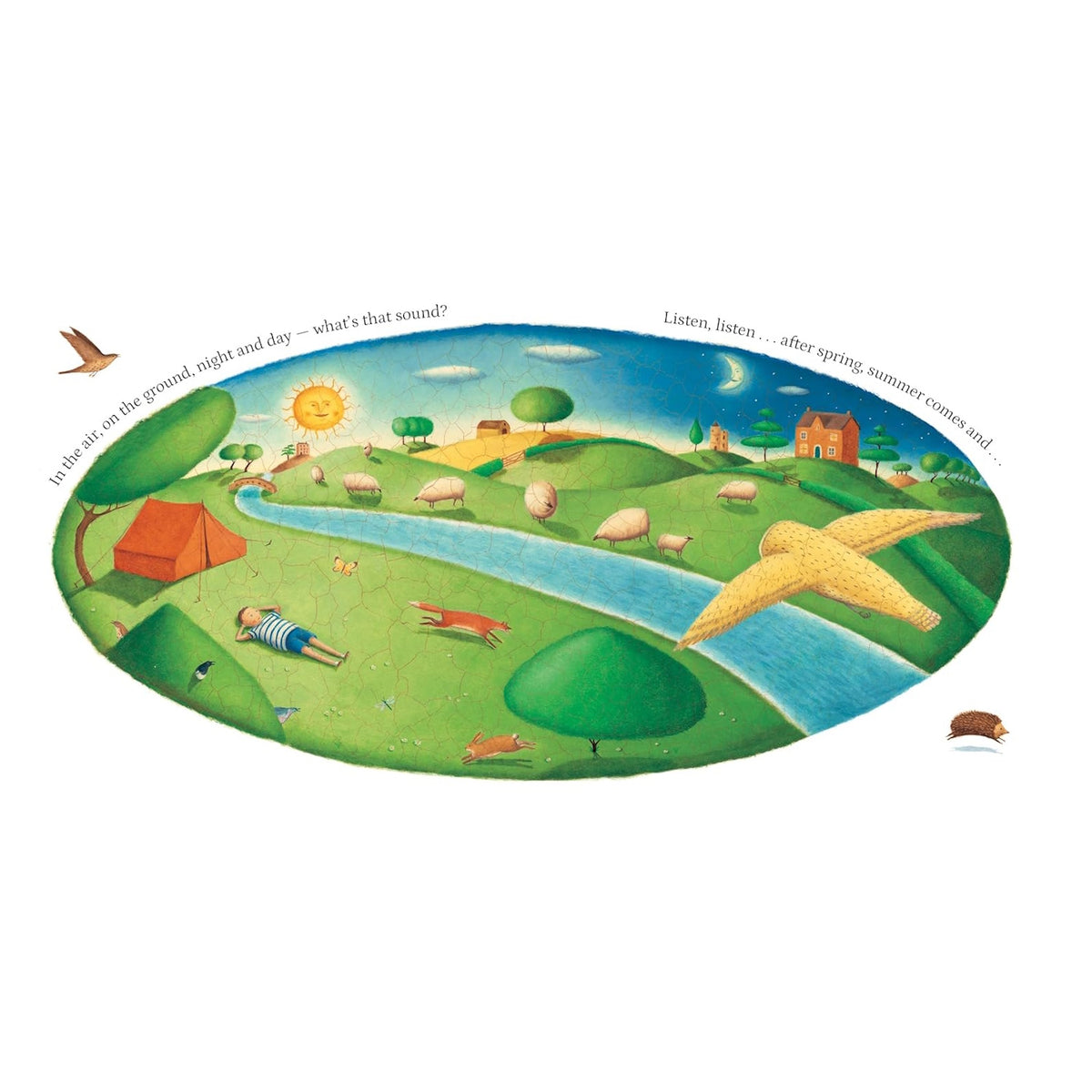 Whimsical children's book illustration of a rolling green landscape with animals, a river, and a child resting by a tent.