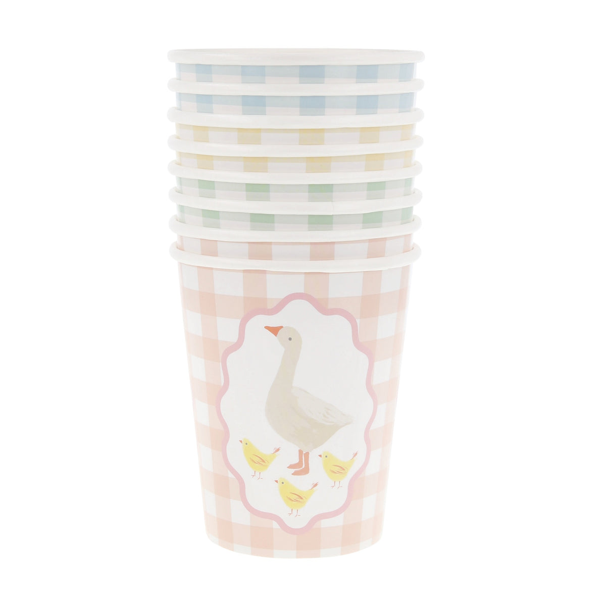 A stack of pastel gingham paper cups, with the front pink cup featuring an illustration of a goose and chicks.