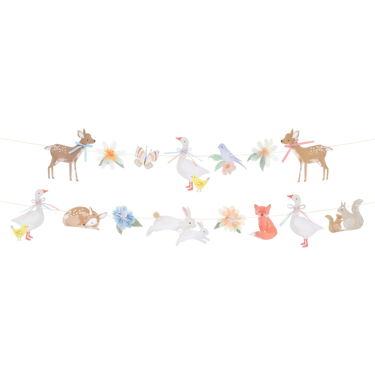 Watercolor woodland animal and flower garlands on a white background.