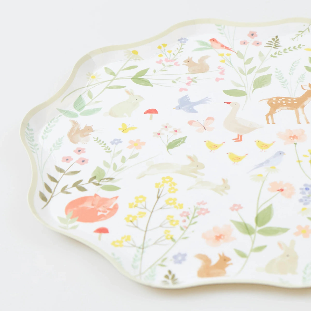 Scalloped white plate with a colorful illustration of woodland animals, birds, and wildflowers.