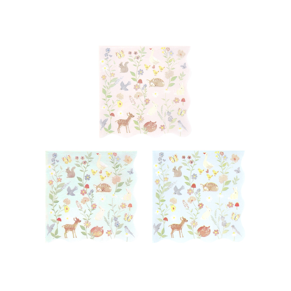 Three paper napkins in pink, mint, and blue with a matching pastel woodland animal and floral pattern.