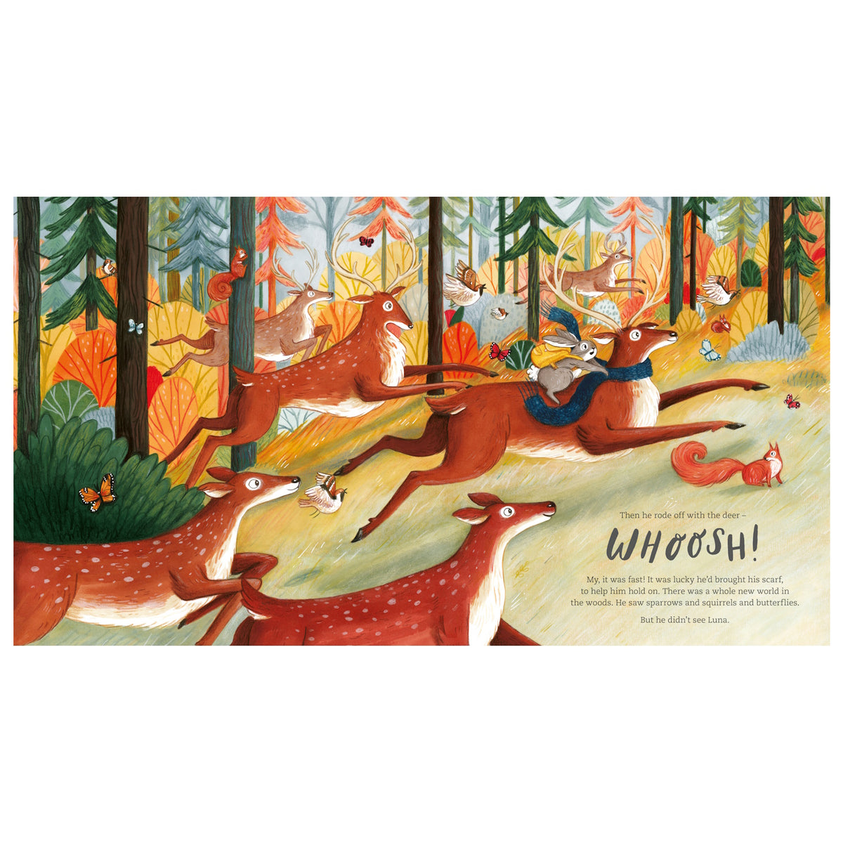 Illustration of a rabbit riding a galloping deer through a colorful forest with squirrels, birds, and butterflies.