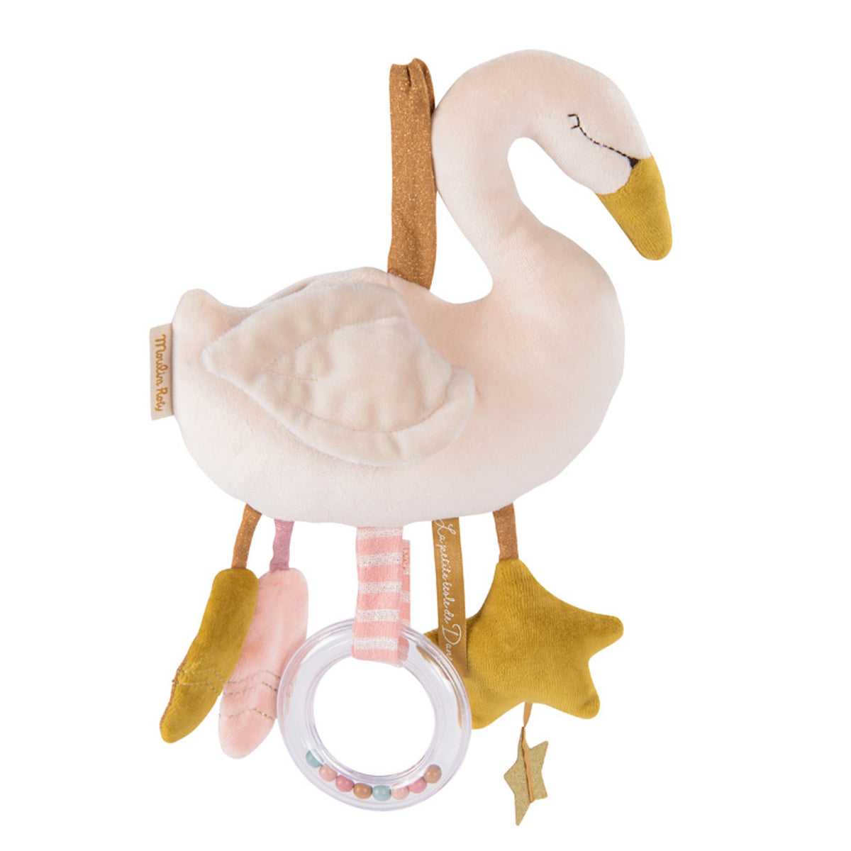 Plush swan baby toy with hanging attachments including a rattle ring, feathers, and gold stars.