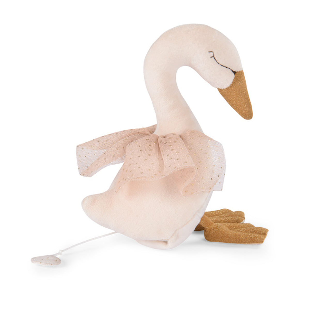 A plush swan toy with a long neck and a gentle expression, wearing a delicate, gold-dotted pink tutu. It exudes a soft and elegant charm.