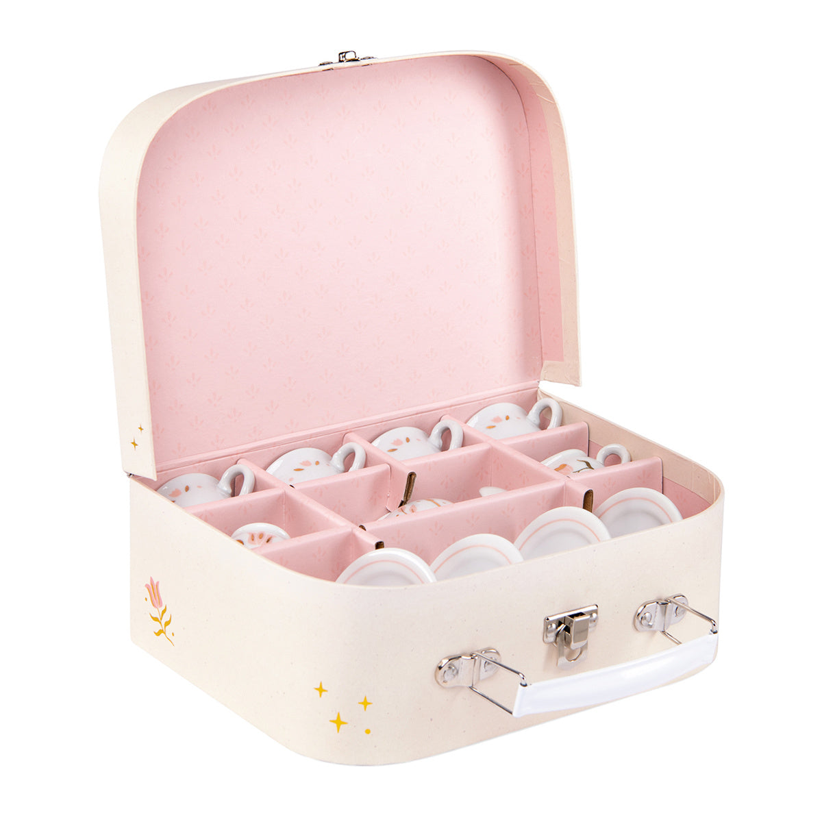 Moulin Roty La Petite Ecole De Danse ceramic tea set neatly packed inside its pink suitcase.