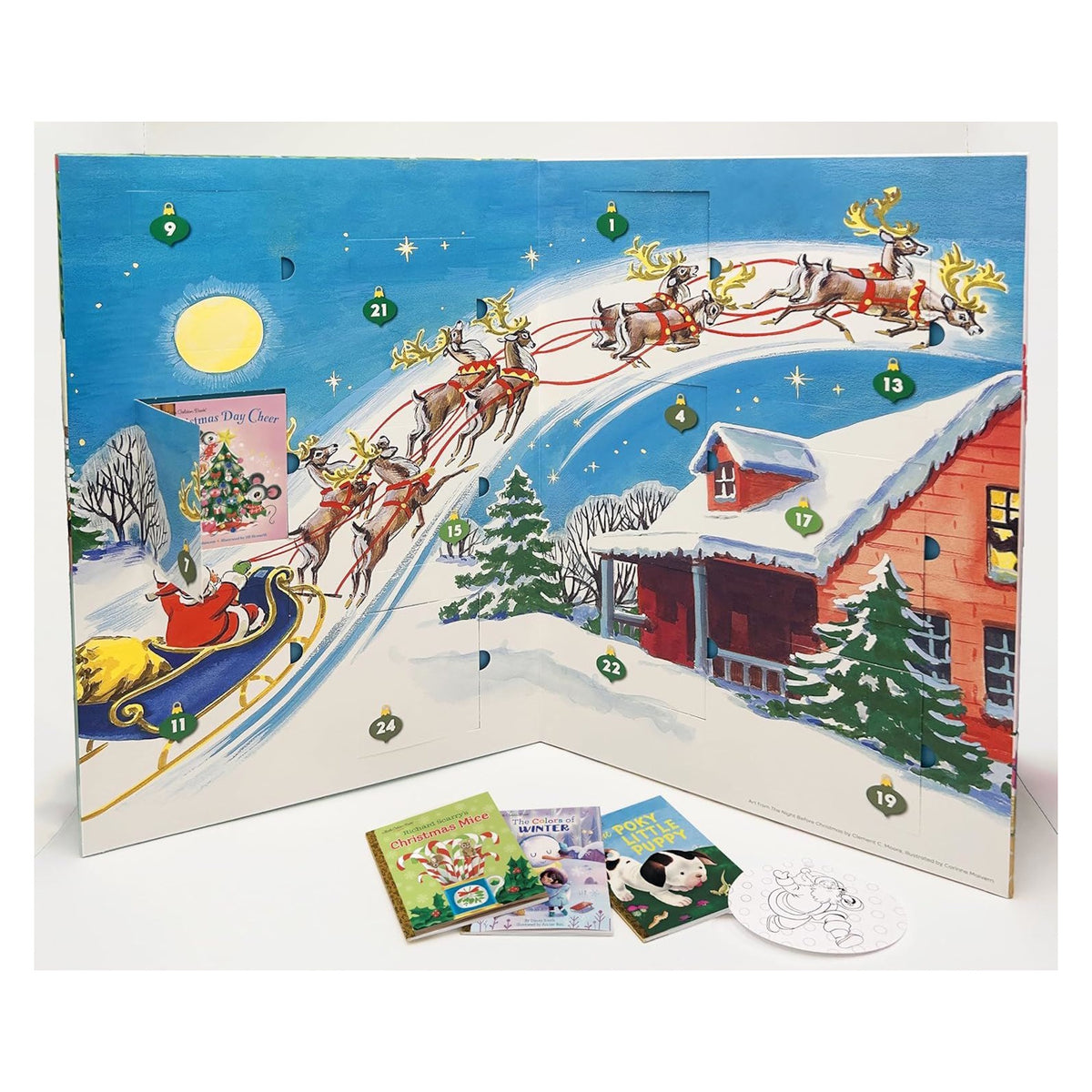 Little Golden Books Advent Calendar open spread with Santa flying sleigh and mini books, front flat lay view.