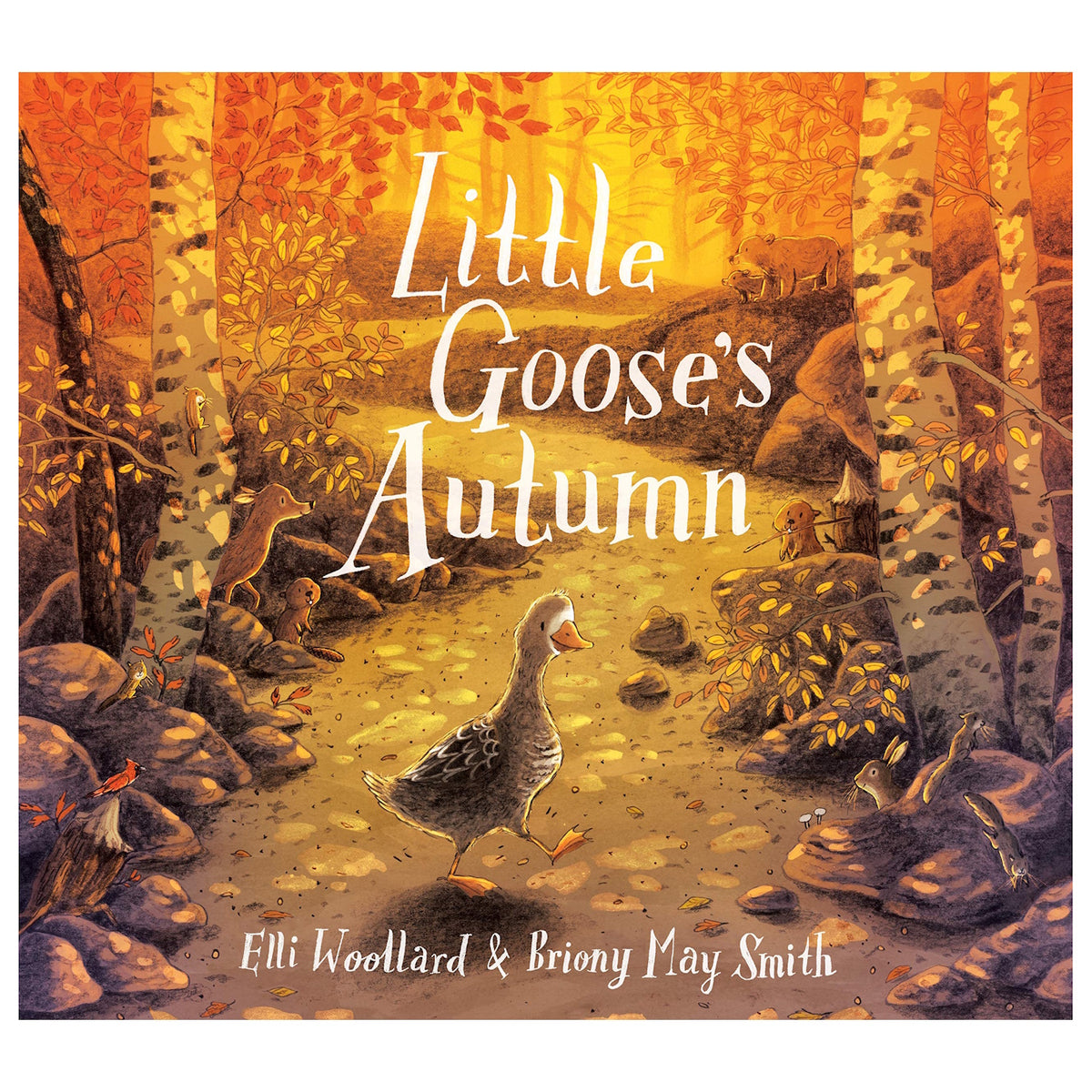 Children's book cover for Little Goose's Autumn, featuring a goose walking through a golden, sunlit forest.
