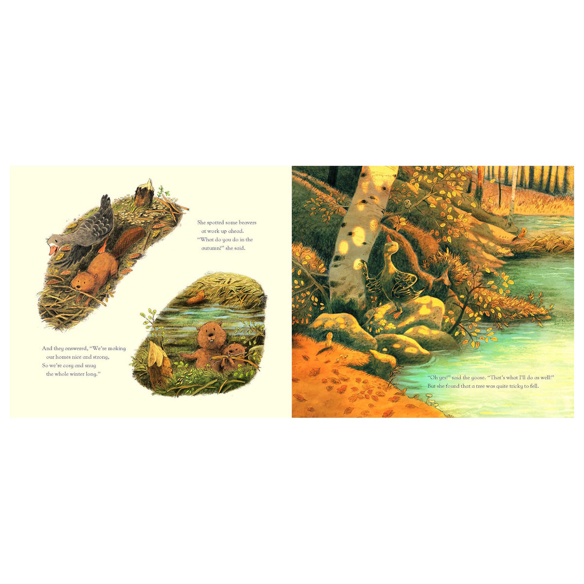 Little Goose's Autumn book spread featuring a goose talking to beavers by a river with golden fall foliage.