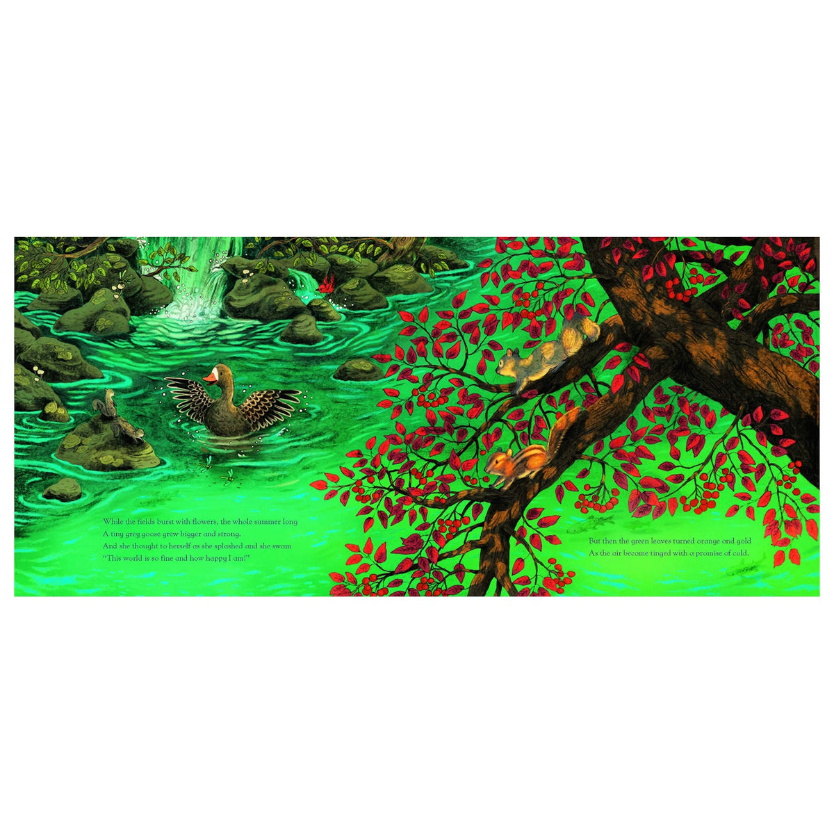 Children's book illustration of a goose in a pond and squirrels in a tree with vibrant red and green autumn leaves.