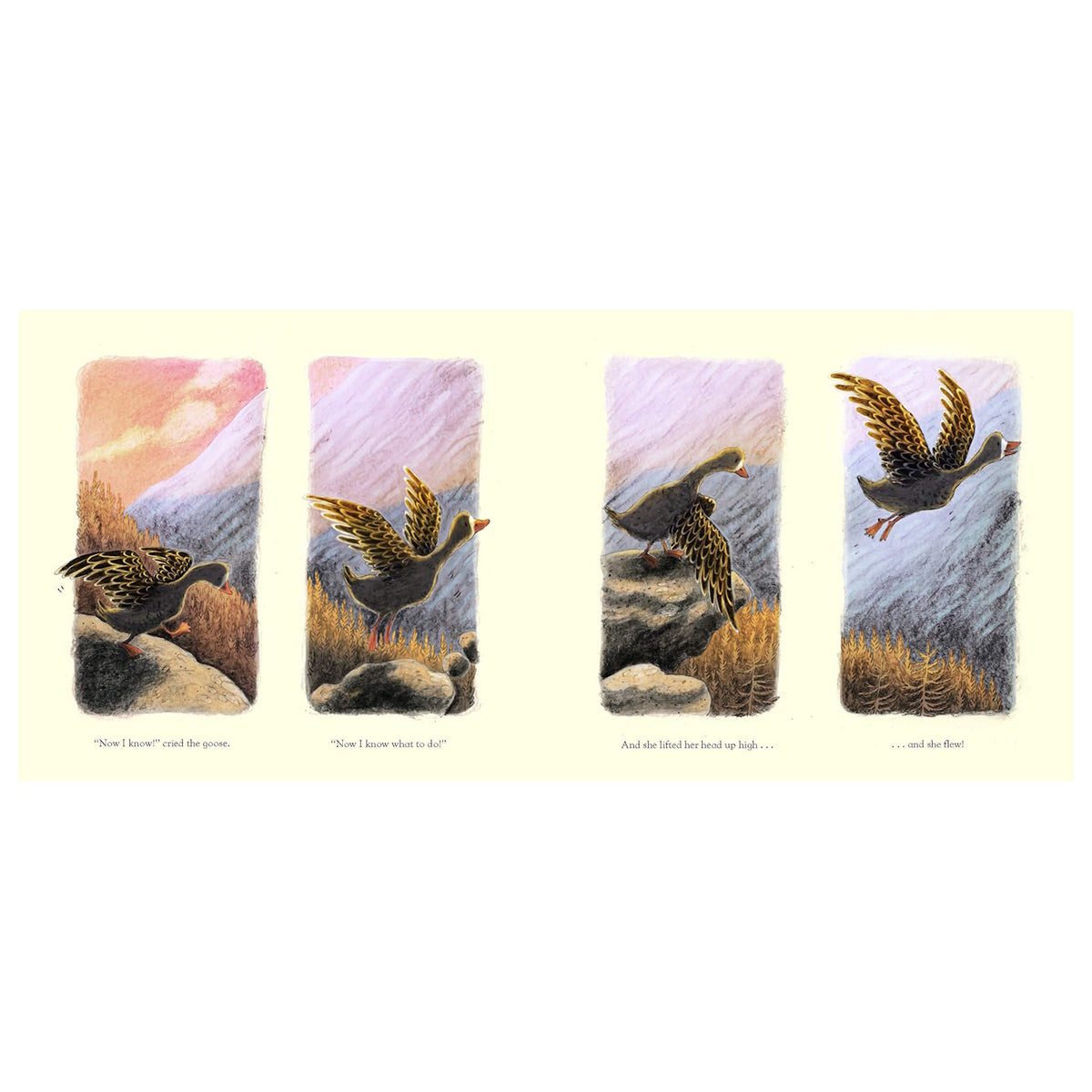 Four-panel illustration from Little Goose's Autumn showing a goose gaining confidence and taking flight over a field.