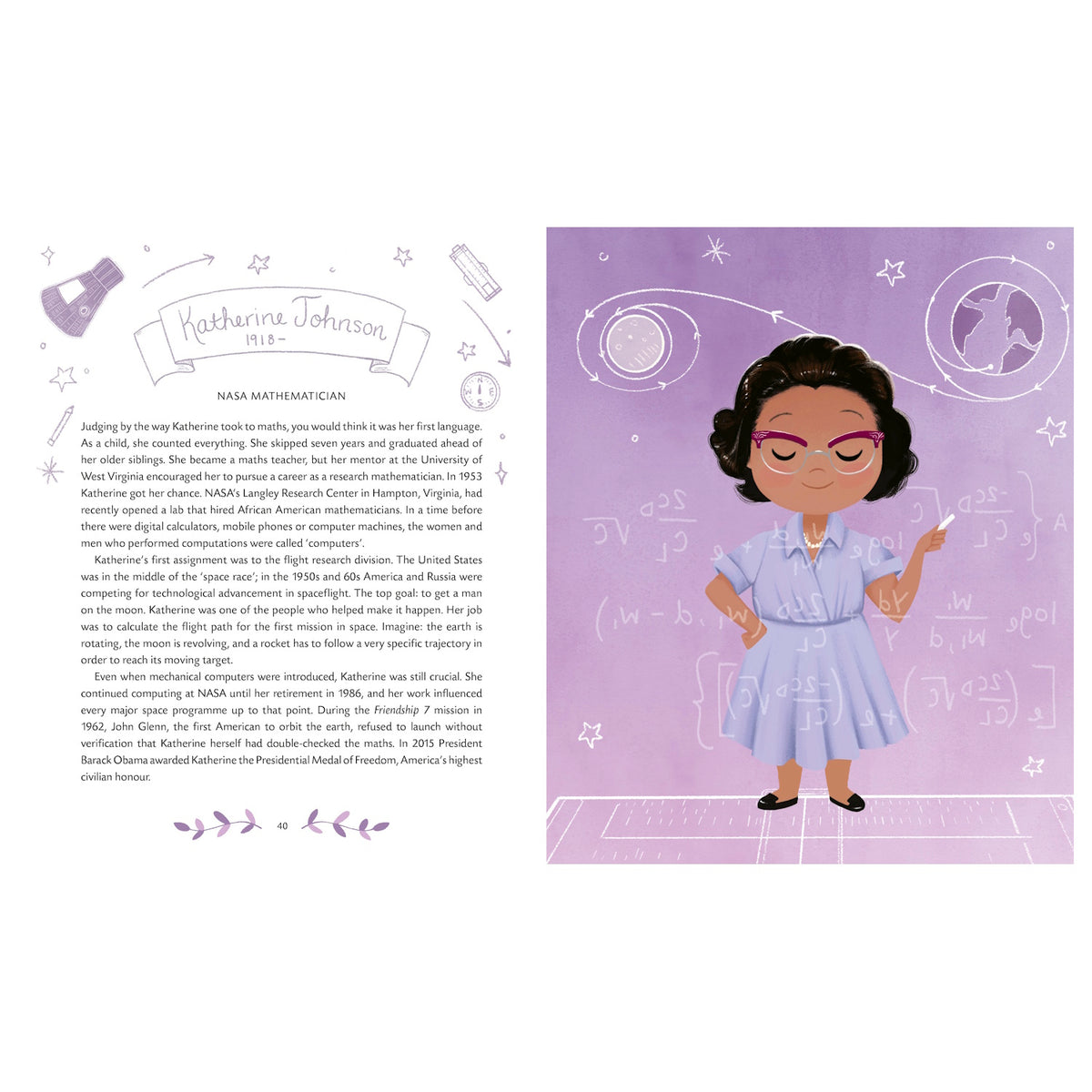 Illustrated page featuring Katherine Johnson. Left side has a biography with doodles of stars, planets, and a calculator. Right side shows Katherine in a purple dress, smiling confidently against a backdrop of mathematical equations and celestial drawings. Tone is inspiring and educational.