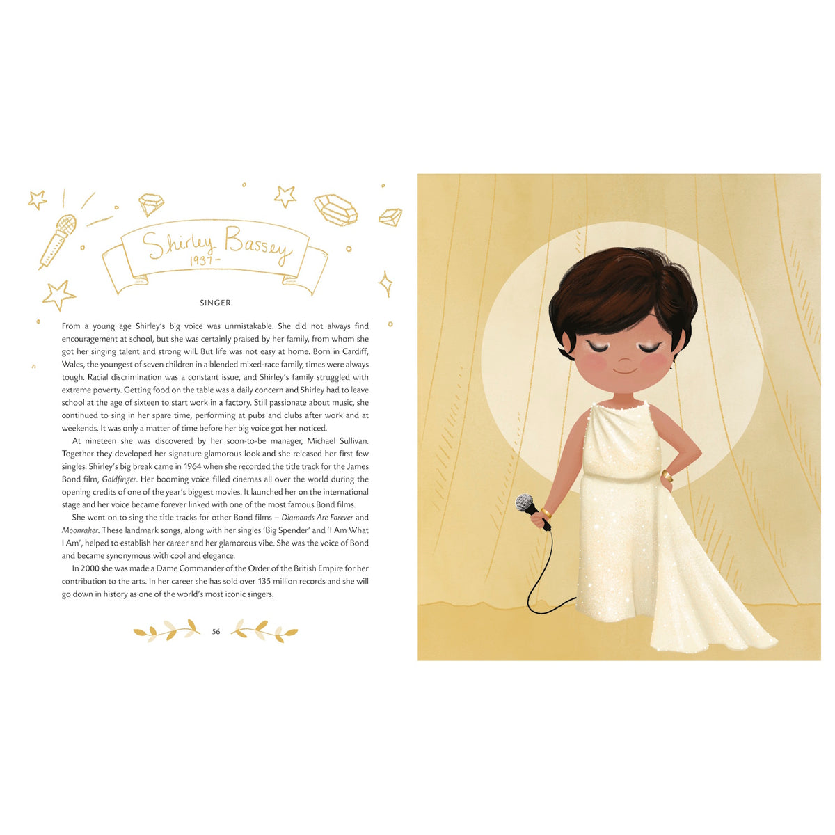 Illustration of a singer in a sparkly white gown holding a microphone against a golden backdrop. The text beside features a biography of the singer.
