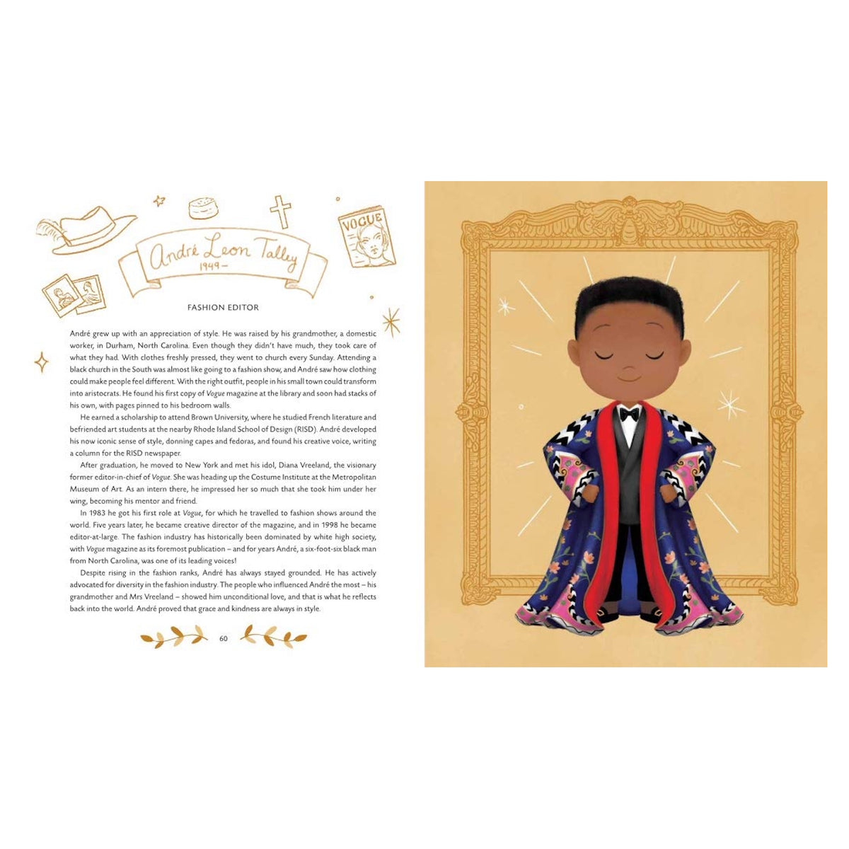Illustrated page of André Leon Talley. Left: biography text under a heading with icons like a hat and Vogue magazine. Right: smiling character in a vibrant robe and tuxedo, set in a golden ornate frame, exuding elegance and style.