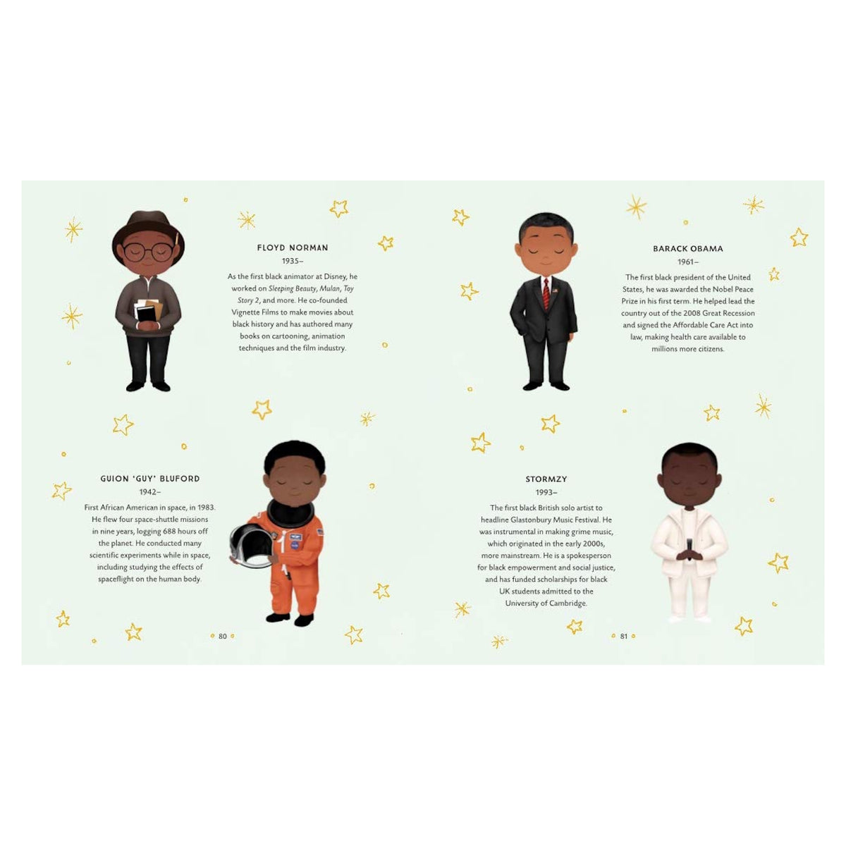 Four illustrated figures are arranged in two rows on a light background with star motifs. Each character, dressed differently, represents notable Black figures with brief biographies next to them, highlighting achievements in animation, politics, space exploration, and music.