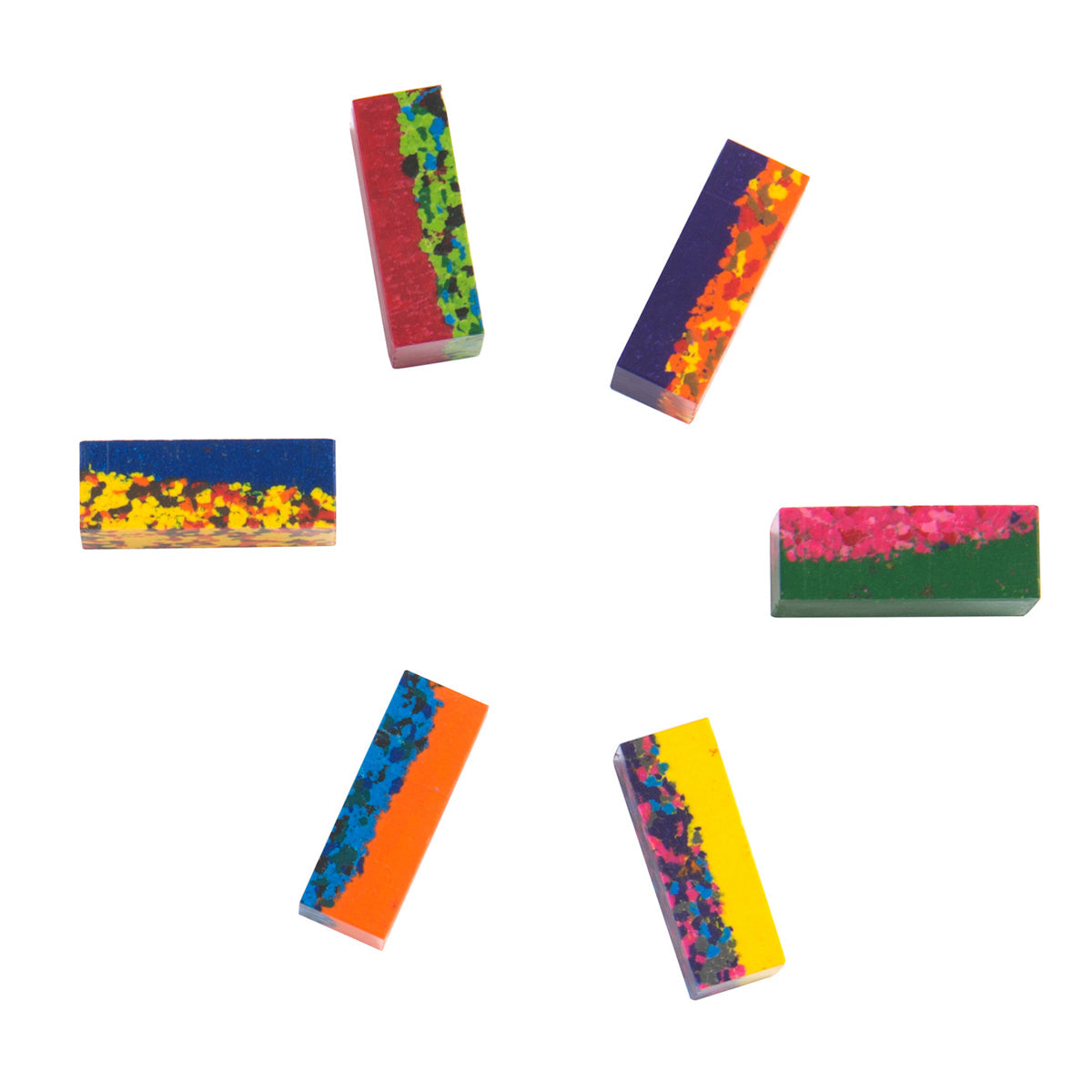 Six multi-colored wax crayon blocks arranged in a circle on a white background for toddler art.