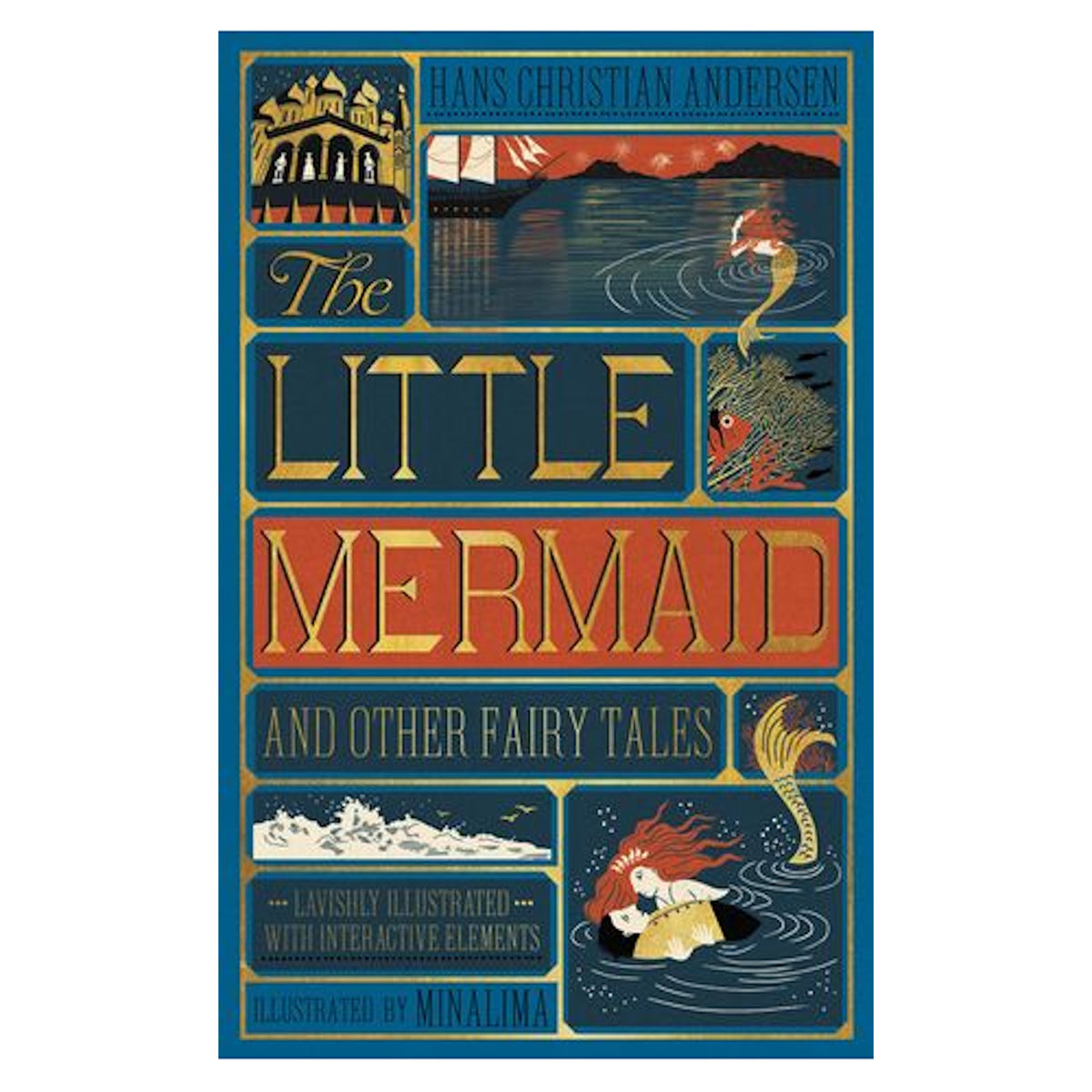 The Little Mermaid and Other Fairy Tales book cover by MinaLima, featuring gold foil text and nautical illustrations.