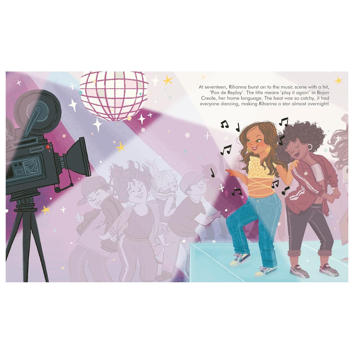 Flat lay view of open paper Little People Big Dreams mini book pages featuring colorful musical illustrations.