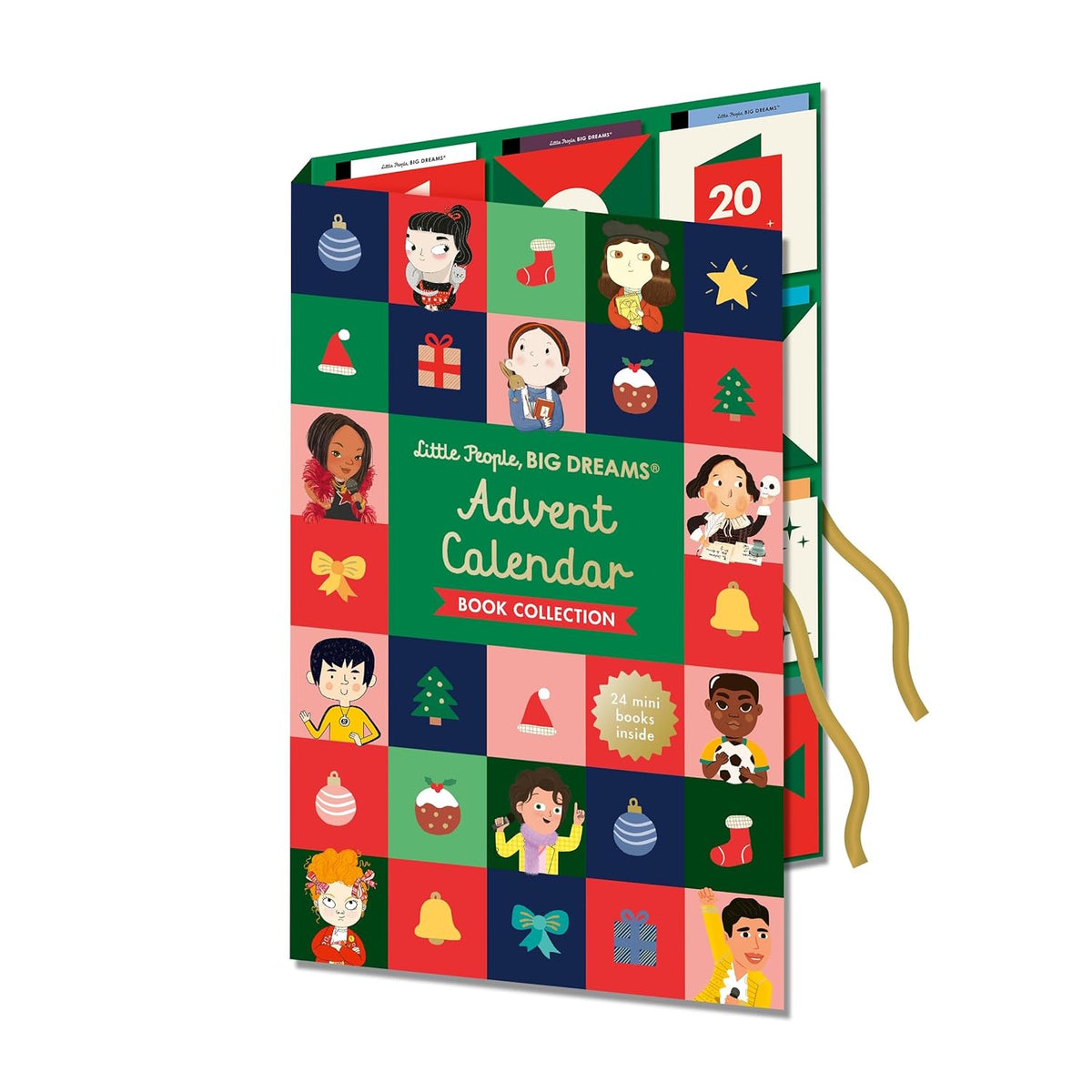 Angled view of the partially open cardboard Little People Big Dreams Advent Calendar revealing hidden mini books inside.