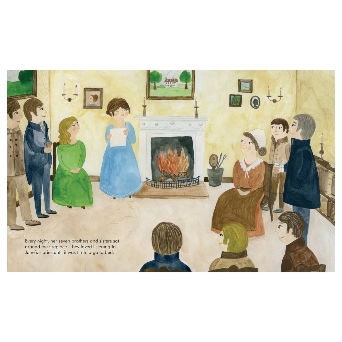 Children's book illustration of Jane reading a story to her family gathered around a cozy, burning fireplace.