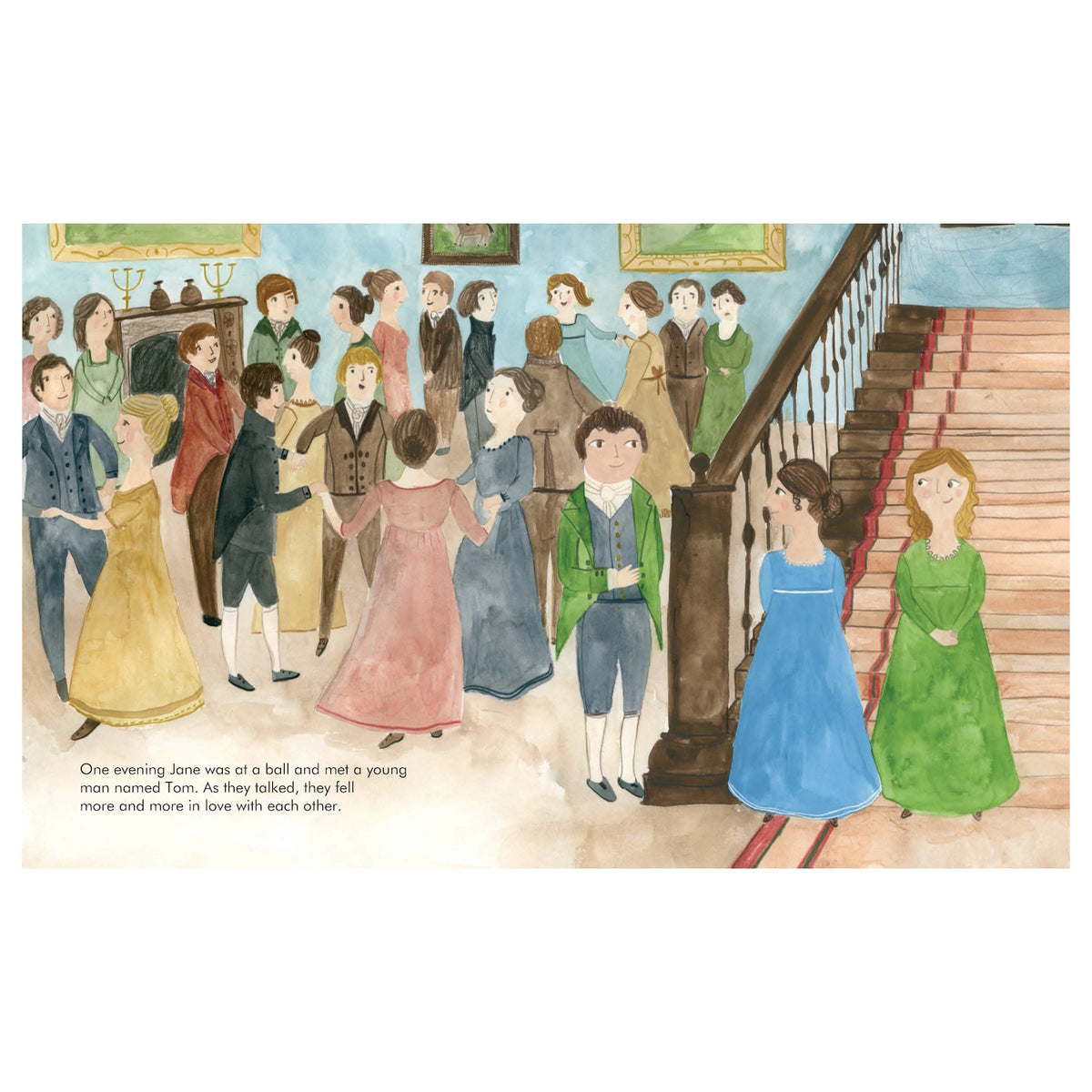 Watercolor illustration of Jane and Tom at a Regency-era ball with dancers, a grand staircase, and storybook text.
