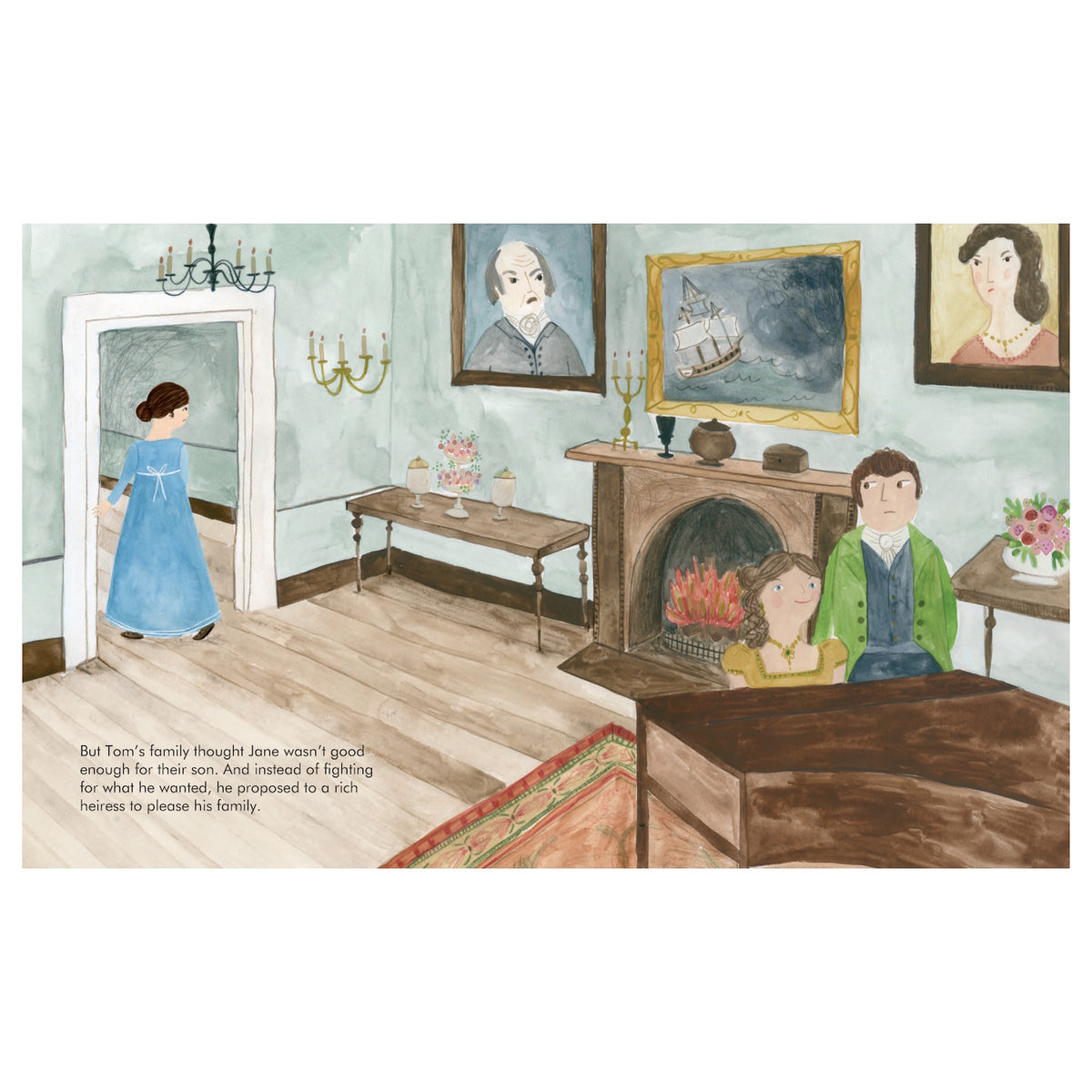 Watercolor illustration of a Regency-era room with a couple near a fireplace and a woman in blue exiting through a doorway.