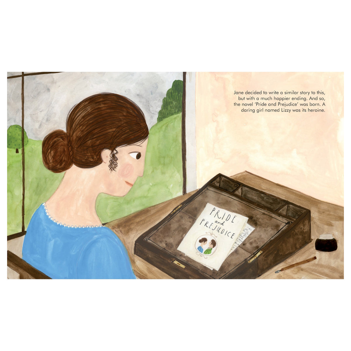 Illustration of Jane Austen writing Pride and Prejudice at a wooden desk with a quill and inkwell.