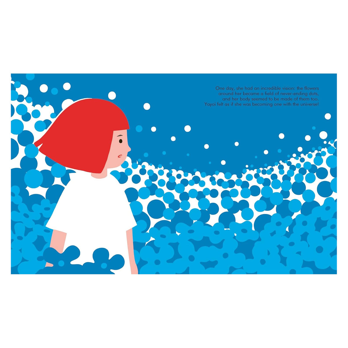 Illustrated book spread showing Yayoi Kusama surrounded by a sea of blue and white polka dots.