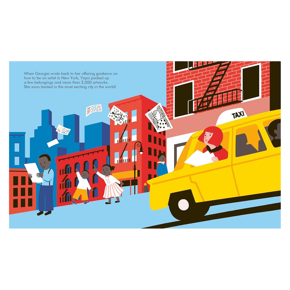 Illustrated book spread of Yayoi Kusama riding in a yellow taxi through New York City.