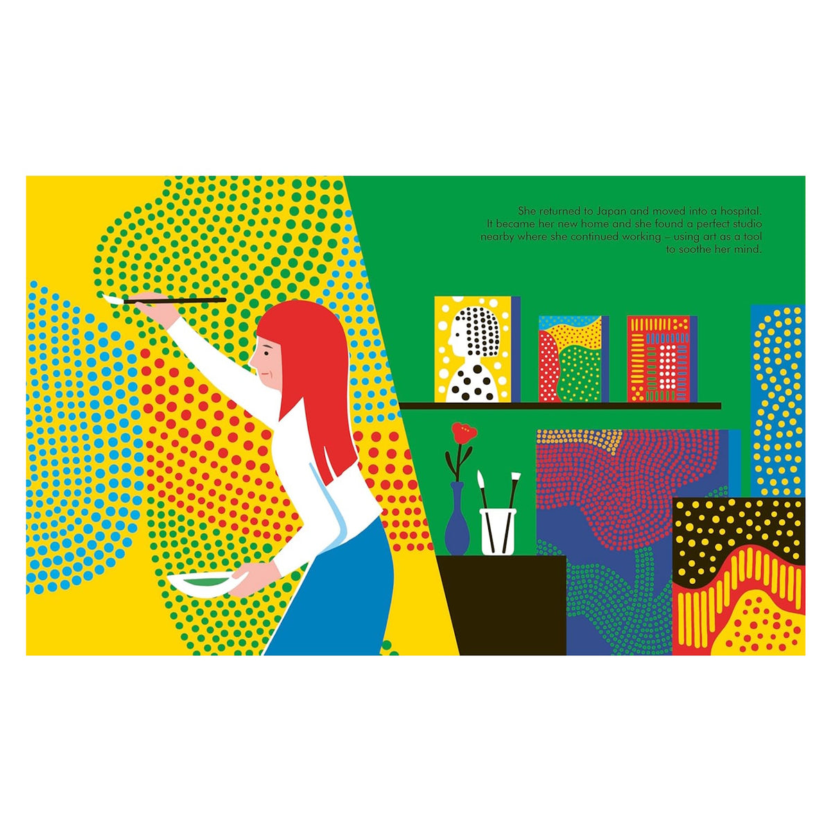 Illustrated book spread showing Yayoi Kusama painting intricate polka dots on a canvas in her studio.