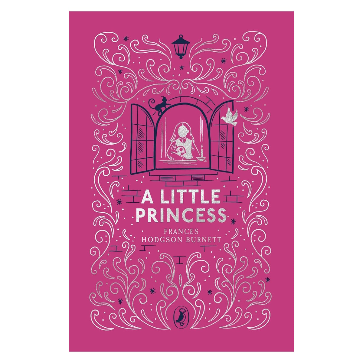 Book cover of A Little Princess by Frances Hodgson Burnett, featuring silver foil illustrations on a pink cloth background.