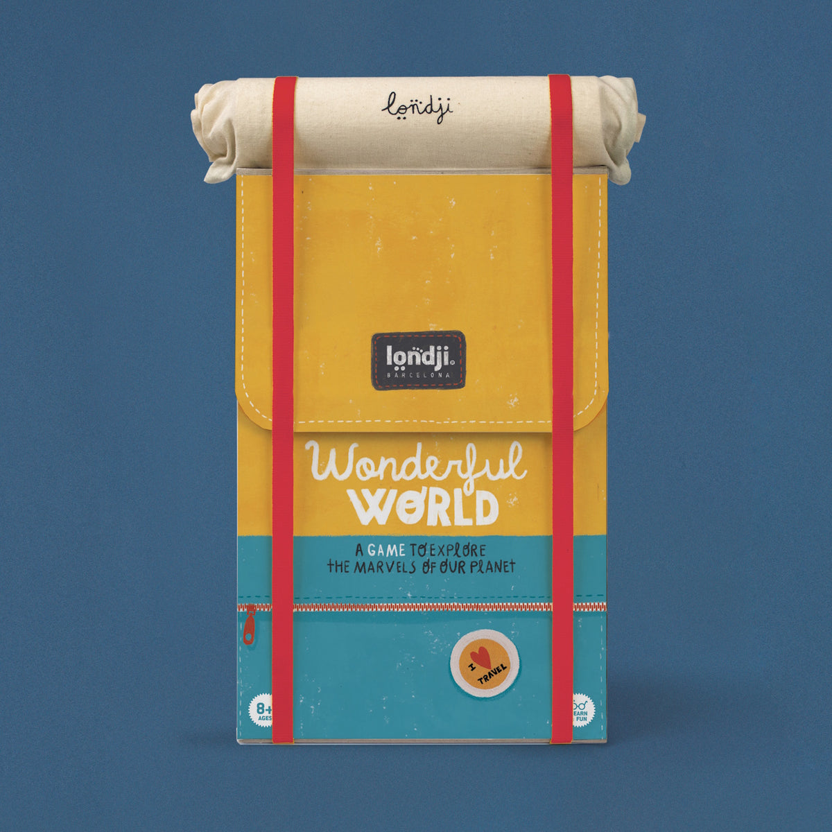 Londji Wonderful World board game box designed as a yellow backpack with red straps to explore the marvels of our planet.