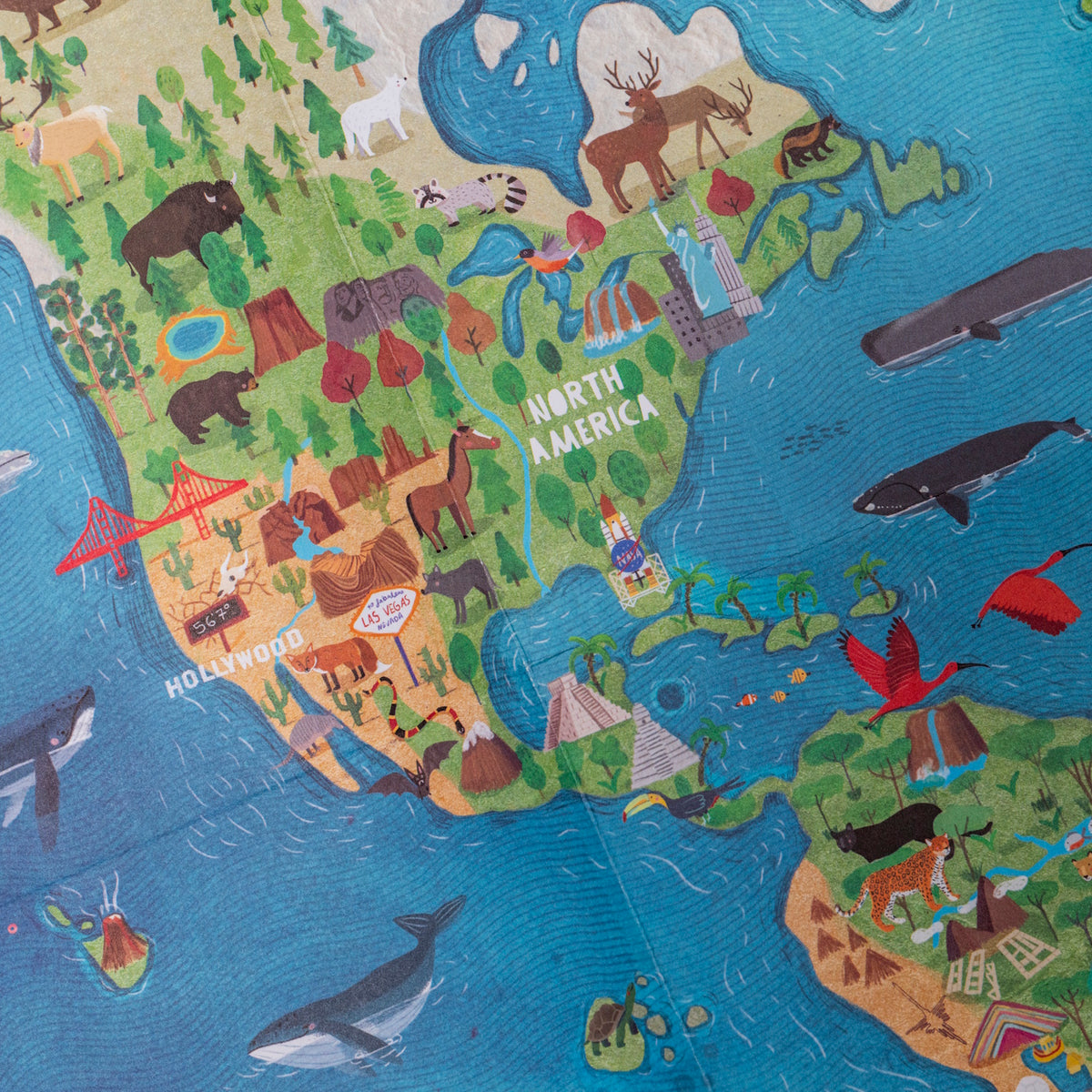Illustrated map of North America featuring landmarks like the Statue of Liberty, Golden Gate Bridge, and diverse wildlife.