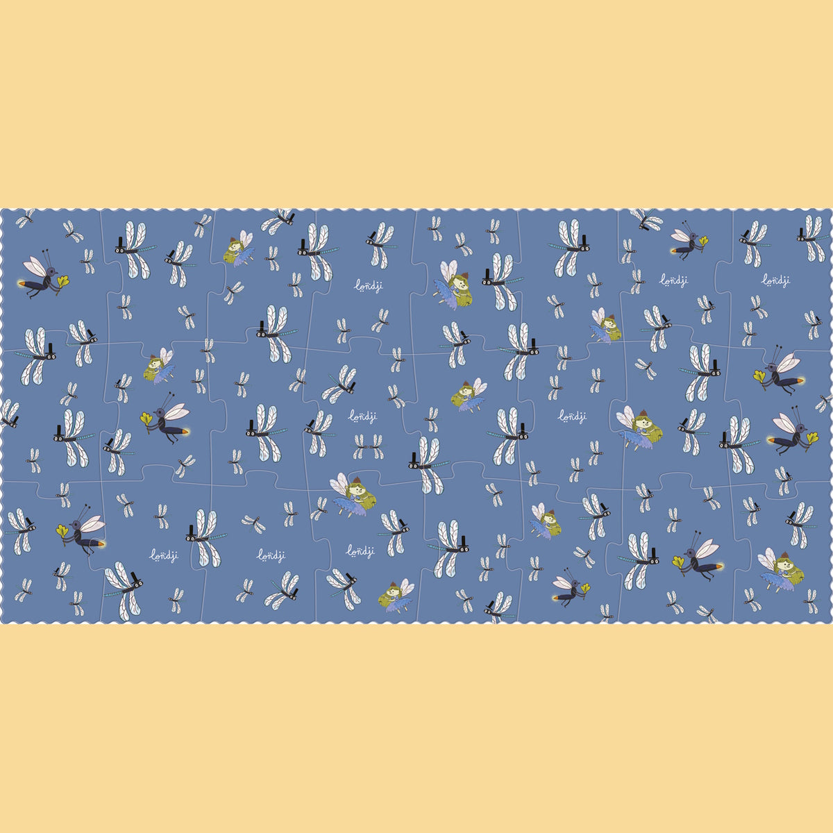 Londji puzzle featuring a whimsical dragonfly and fairy pattern on a blue background with a scalloped edge.
