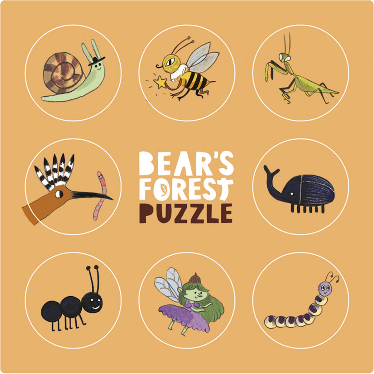 Bear's Forest Puzzle illustration featuring eight circular icons of whimsical forest insects and a woodland fairy.