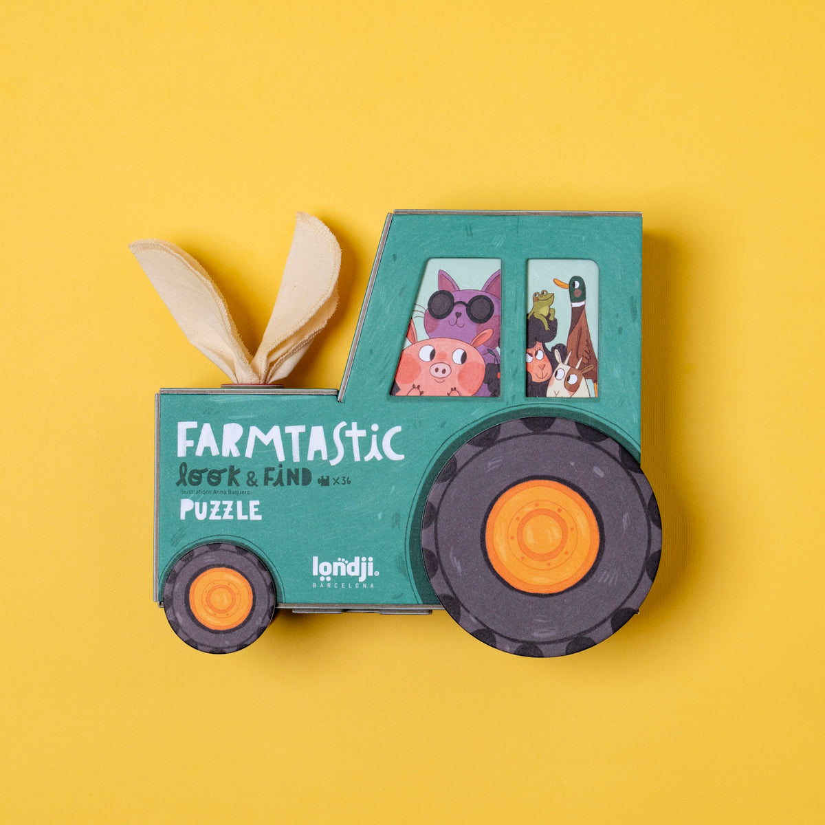 Londji Farmtastic Look & Find 36-piece puzzle in a tractor-shaped box with animal illustrations on a yellow background.