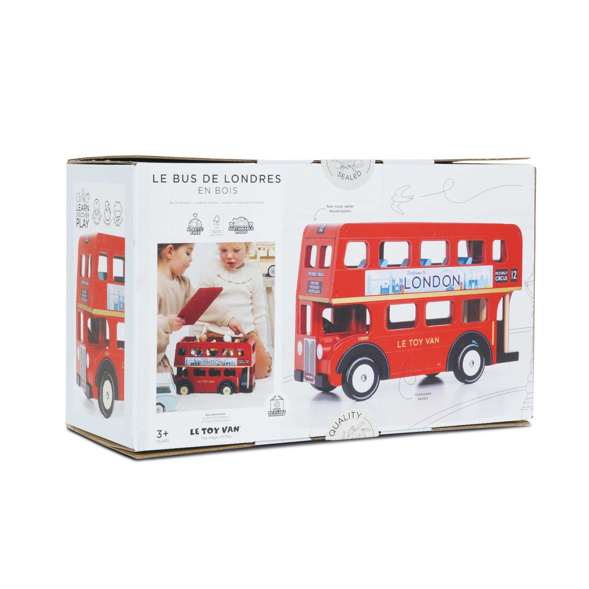 Packaging box for a red wooden London bus toy showing product photos and play features.